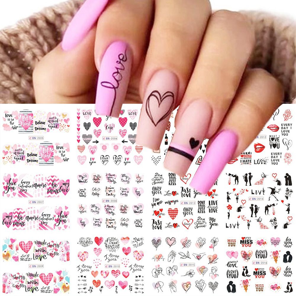 12 Sheets of DIY Nail Art Water Transfer Decals, Love, Miss You Nail Stickers-image-47