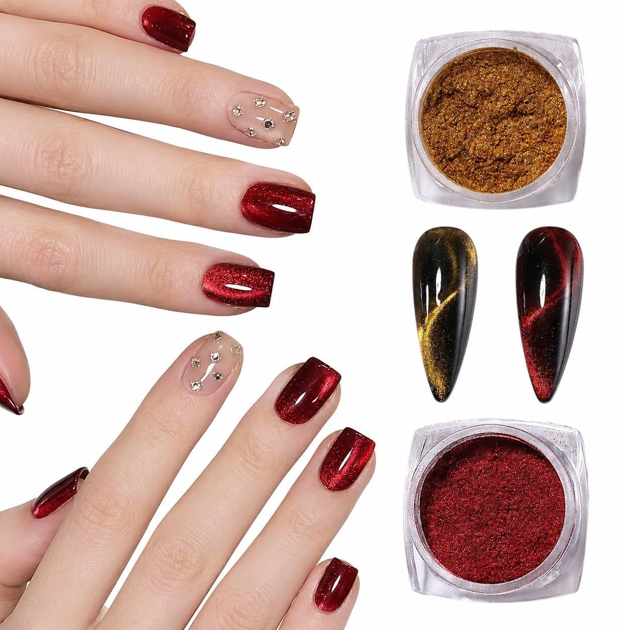 Cat Eye Nail Powder Magnetic Glitter Set Gold & Red 5g | 2 Jars, DIY Gel Polish-image-8
