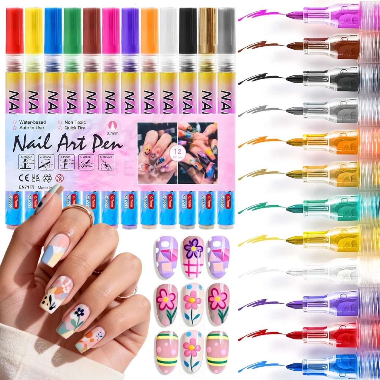 12 Colors 3D Nail Art Marker Pens, 0.7mm Fine Tip for DIY Nail Design Kit-image-34