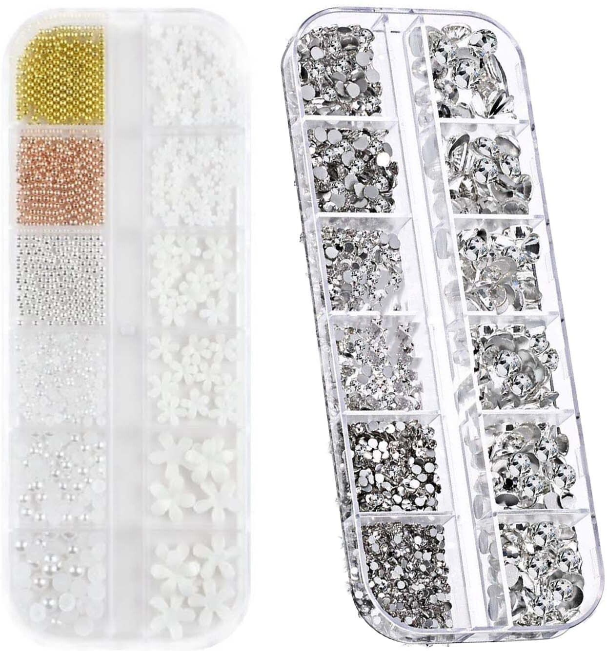 White Flower and Metal Ball and Stone Grid Nail Art Set-image-22