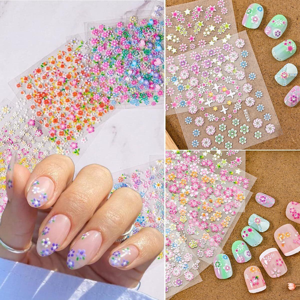 12 Sheets 3D Mix Color Flower Nail Art Stickers-image-46