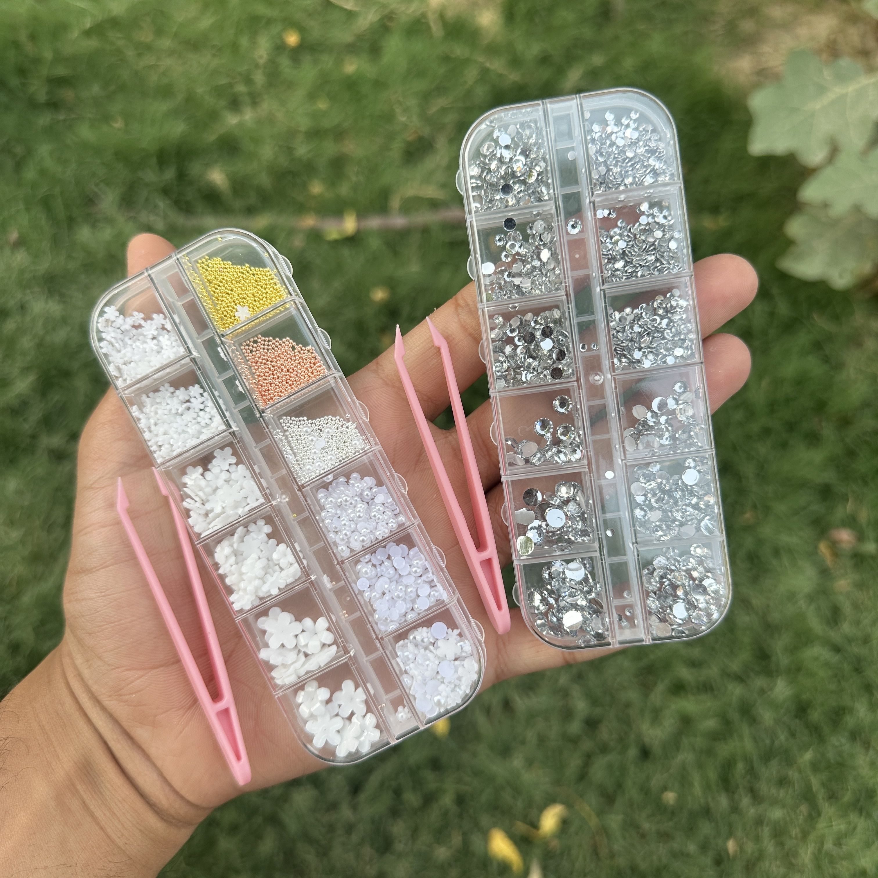 12 Grid White Flower and 12 Grid Stone Flower Premium Nail Art Accessories