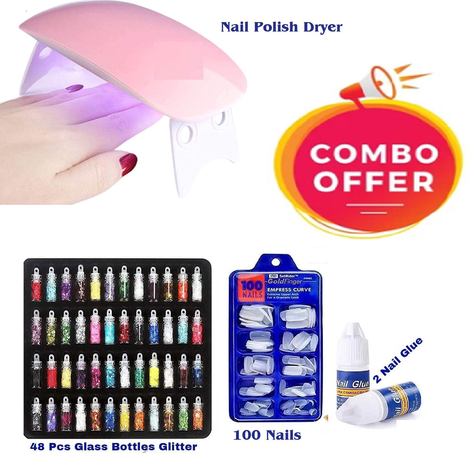 Nail Polish Extension +48pc Glitter Bottle + 100 Artificial Nails + 2 glue