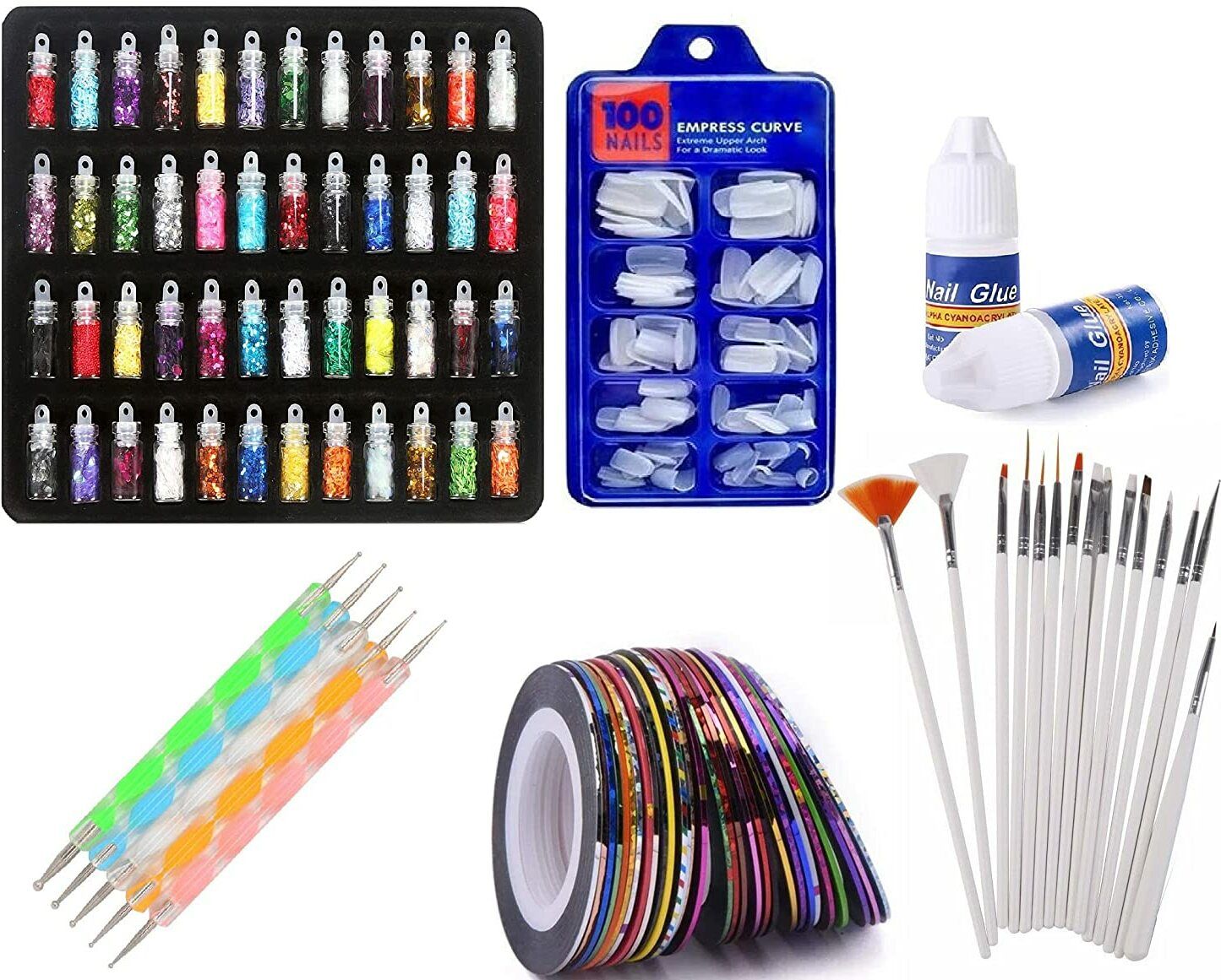 xby 48 Glitter, 100 Nails,10 Nail Tap, 15 Nail Art brush, 5 Nail Dotting Pen ,2 Glue-picture-31
