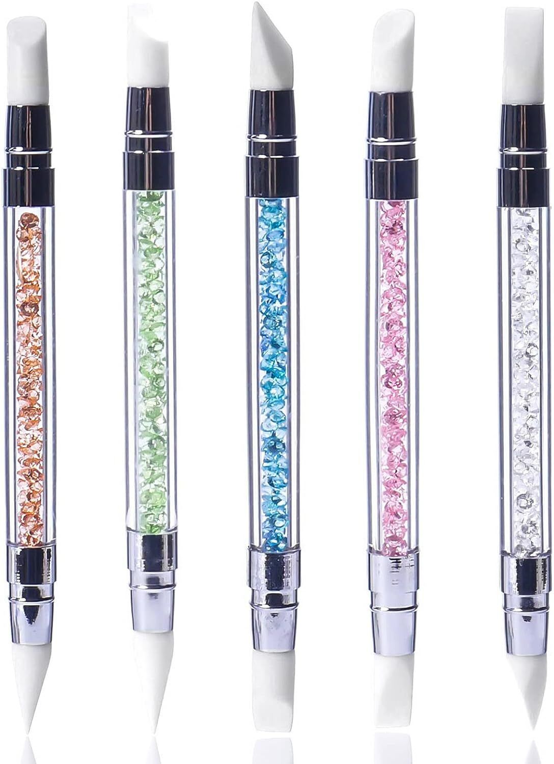 5Pcs Silicone Nail Art Acrylic Pen Brushes, Rhinestone Handle Double-Ended Nail-image-43
