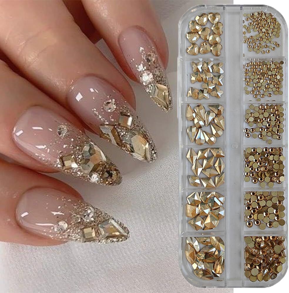 Champagne Gold Nail Art Rhinestones Set – 12 Grid Flatback Glass Crystals for N-image-45