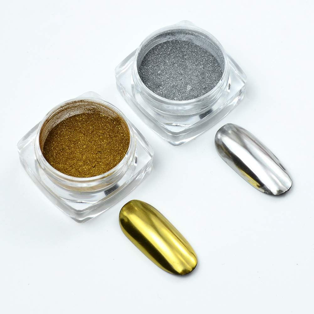 Metallic Chrome Powder, 2 Jars Nail Art Mirror Glitter Effect Chrome Pigment Golden-image-37