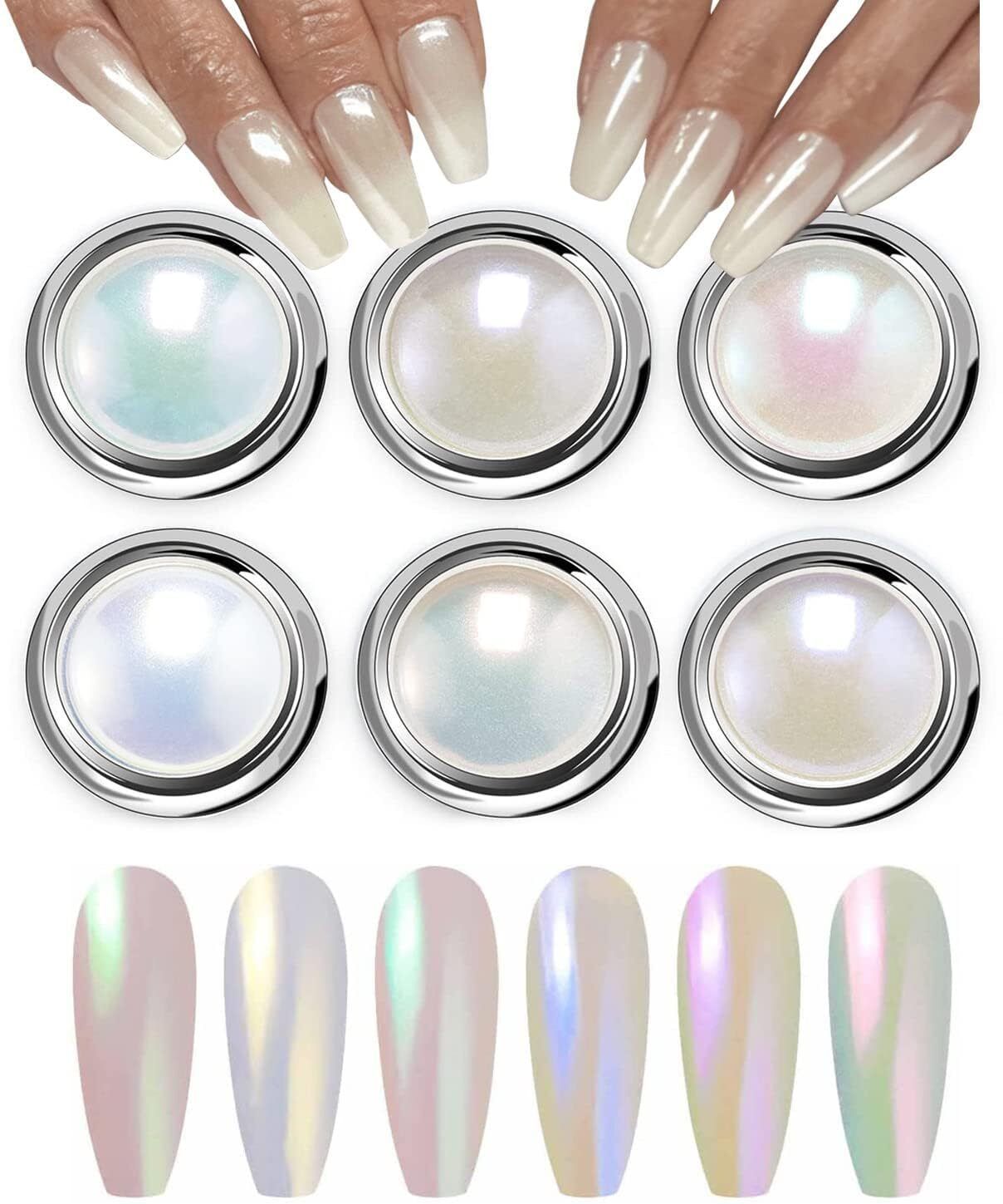 6Pcs White Pearl Chrome Nail Powder Set,Metallic Nail Powder Mirror Effect White-image-46