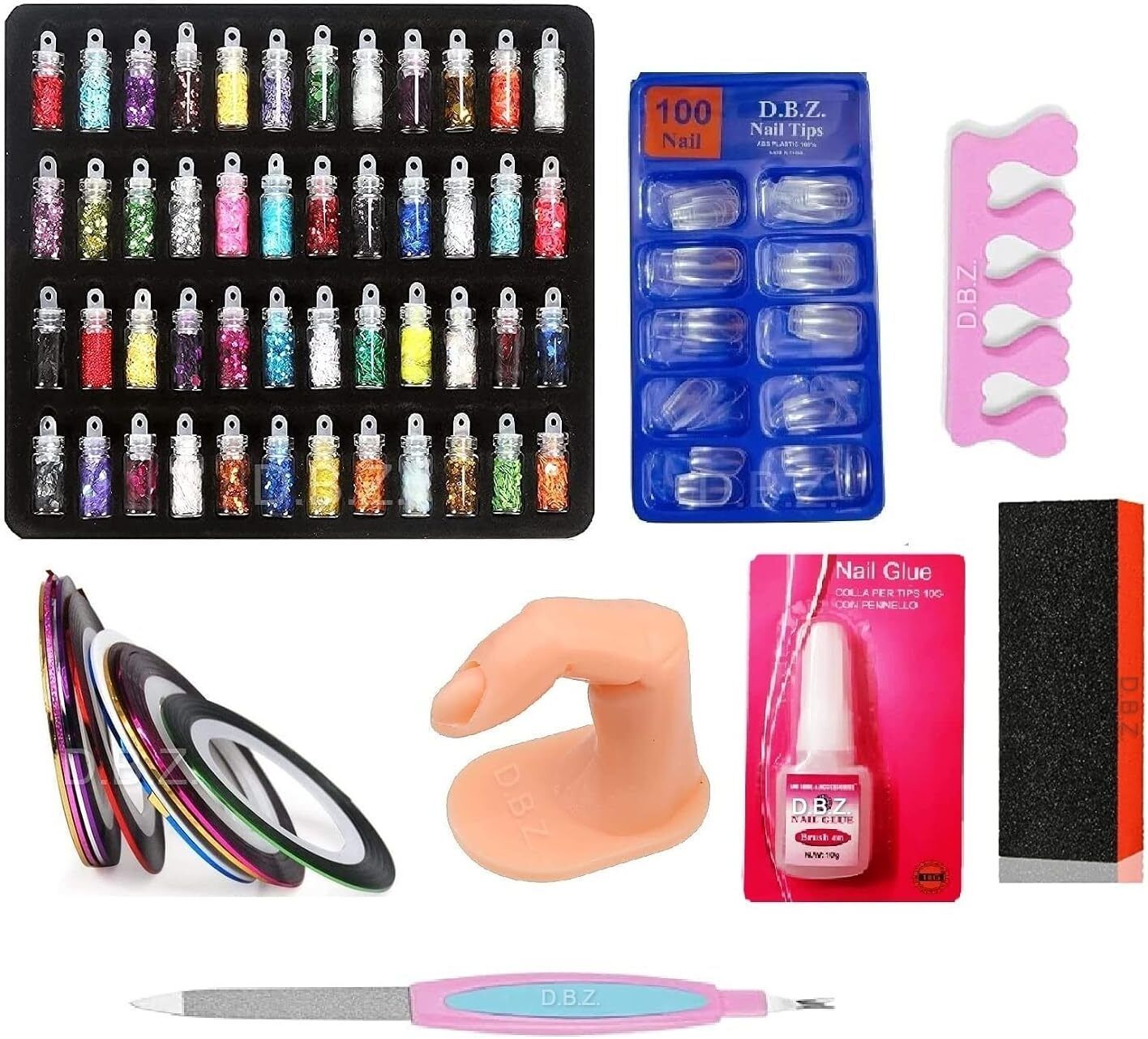 48 Pc Glitter,100 Tansp Nails,5 Nail ,1 Finger,1 Buffer,1 Glue,1 Toe-image-17