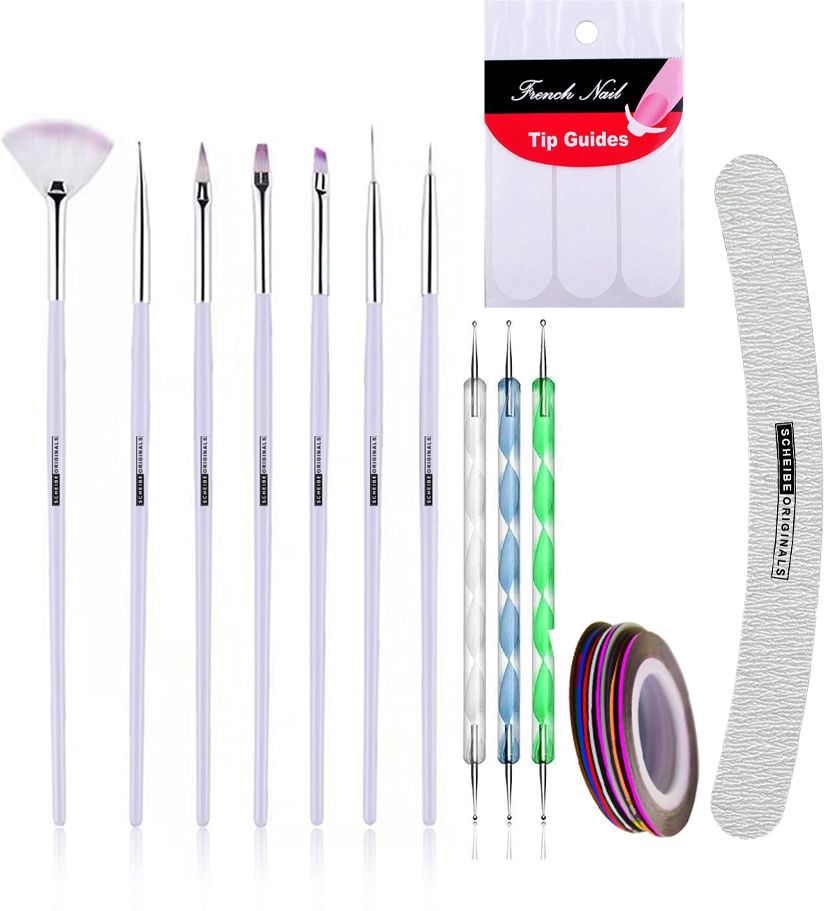 7 Nail Brush, 3 Dotting Pen, 3 Nail Tape,1 tip and 1 Nail Buffer