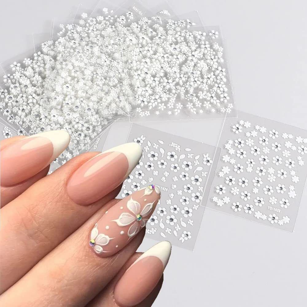 6 Sheets 3D White Flower Nail Art Stickers