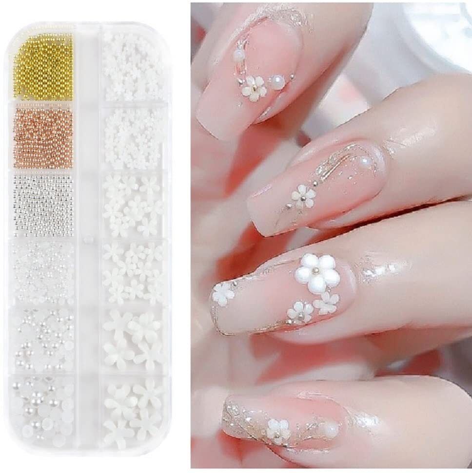 Professional 12 Grids DIY Nail Art Box - 3D White Flower, Gold Metal Beads