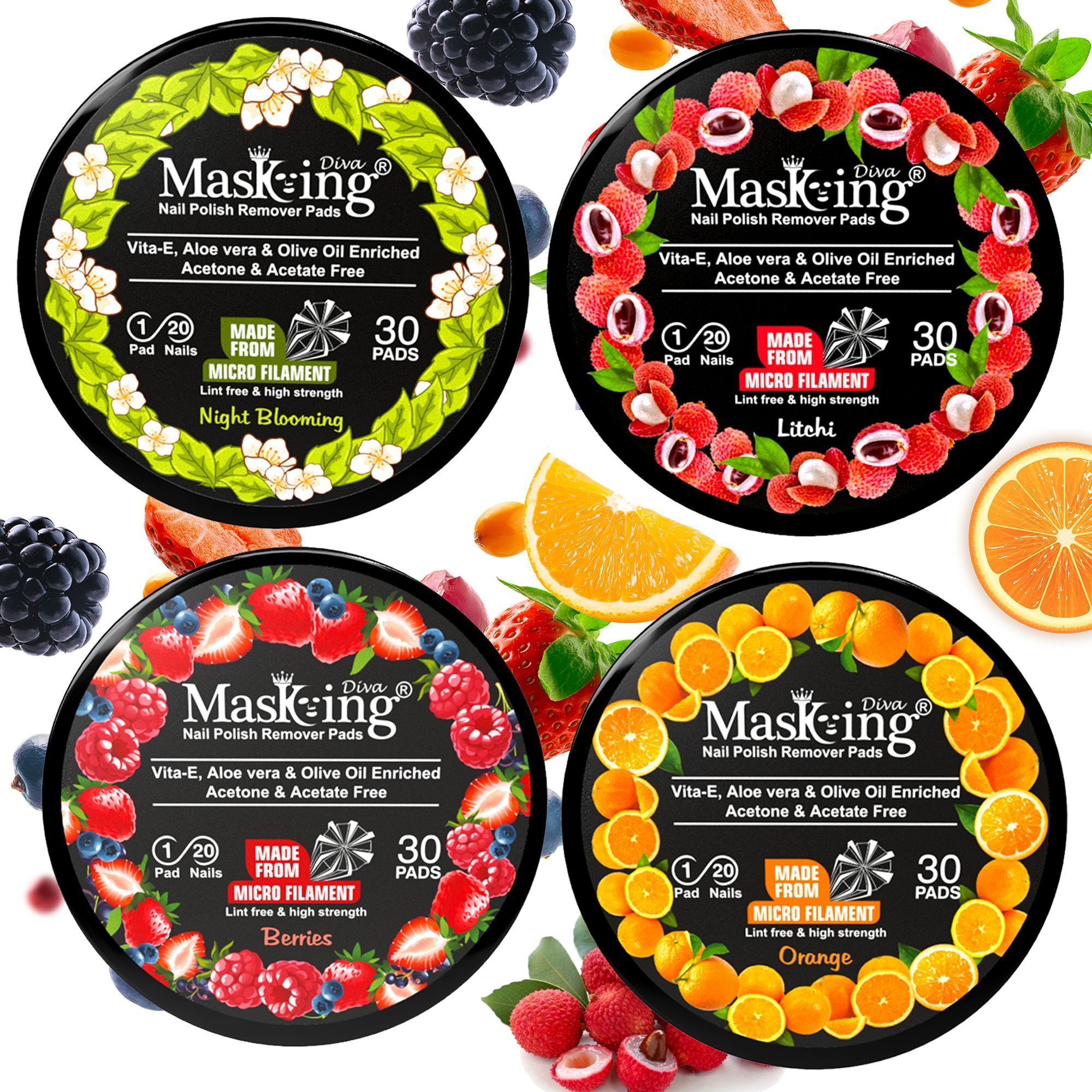Nail Polish Remover Wipe Tissue Wet Round Pads (Night Blooming, Litchi, Orange and Berries ) Combo Pack of 04