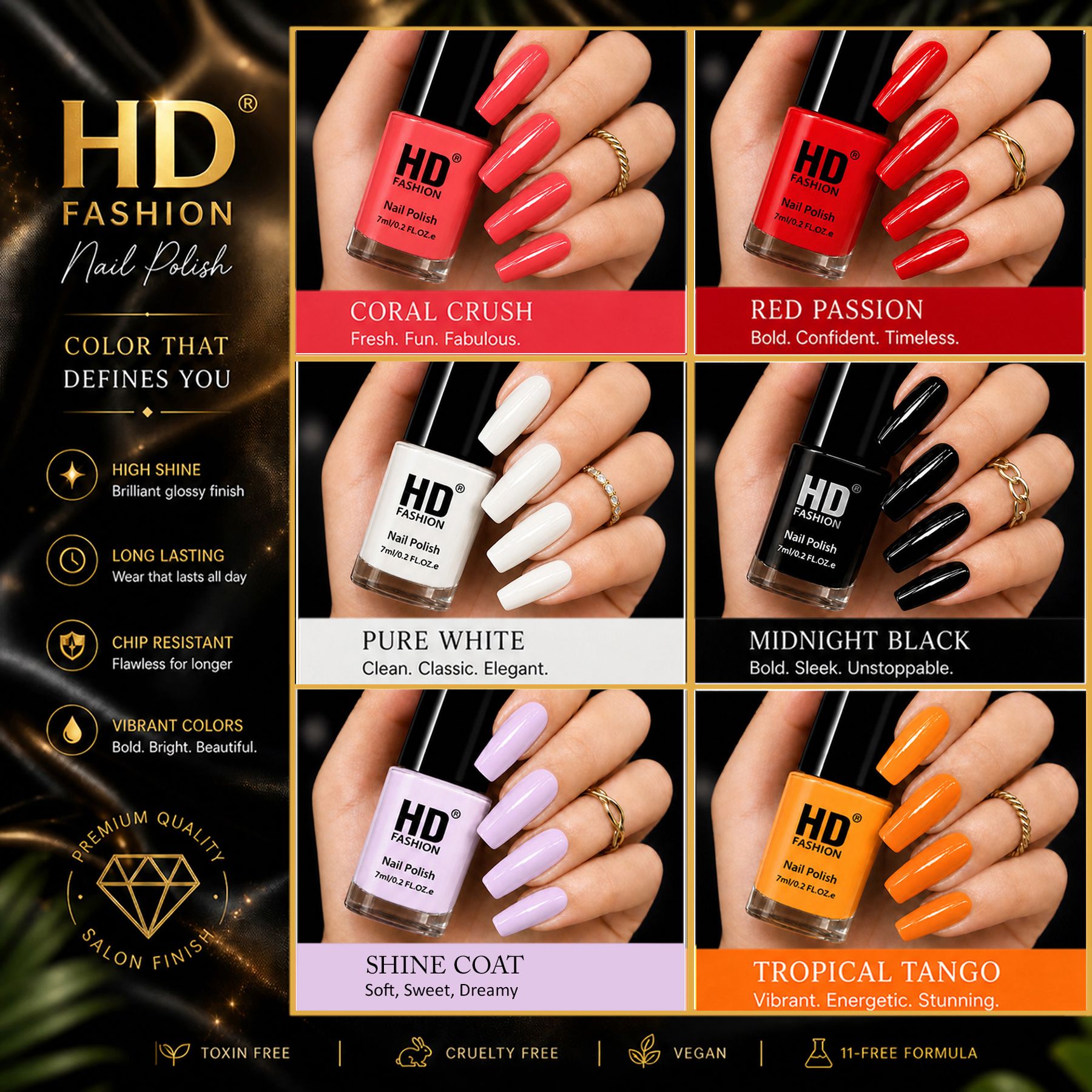 hd fashion Acrylic High Gloss 6-Piece Quick Dry Long Lasting Nail Polish Combo Set H31 Mauve,Red,White,Black,Top Coat,Orange-picture-39