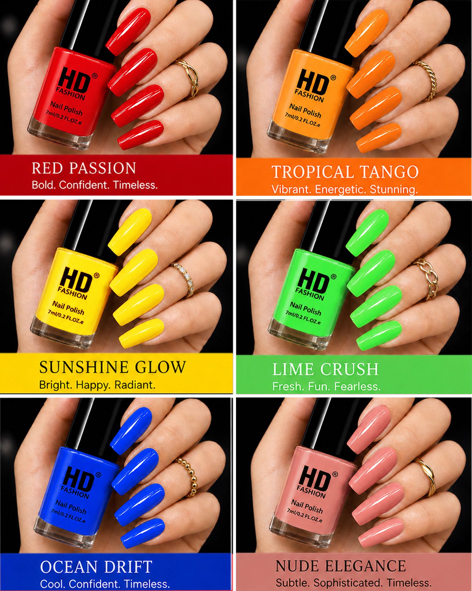 hd fashion Acrylic High Gloss 6-Piece Quick Dry Long Lasting Nail Polish Combo Set H227 Red,Oraange,Yellow,Green,Blue,Nude-picture-24