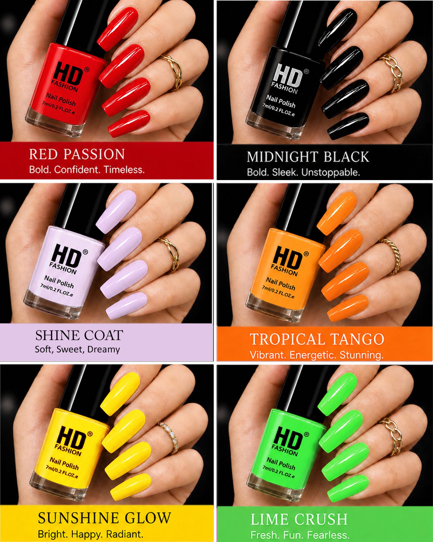 hd fashion Acrylic High Gloss 6-Piece Quick Dry Long Lasting Nail Polish Combo Set H225 Red, Black, Top Coat, Yellow,Orange Green-picture-14