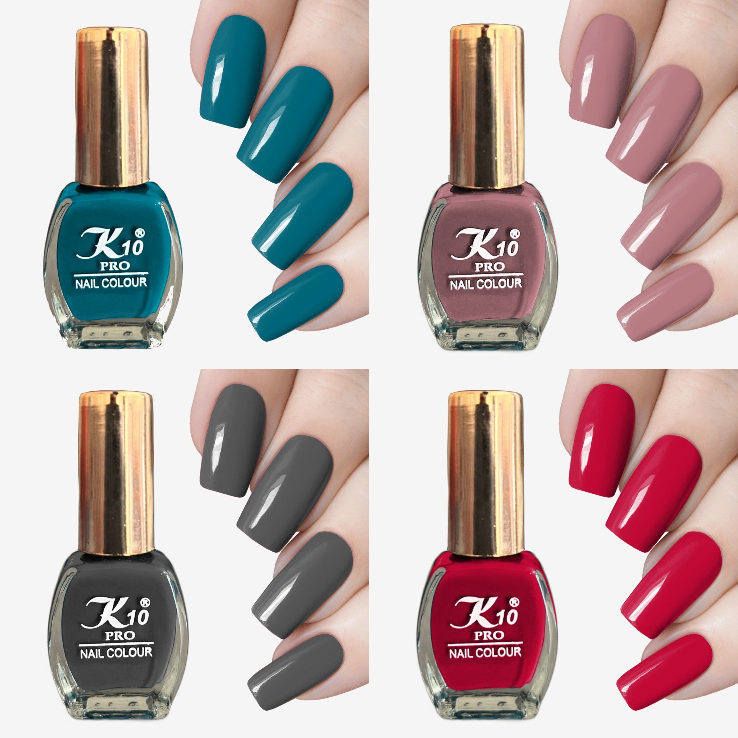 High Shine Long Lasting Non Toxic Professional Nail Polish Combo Teal, Dusty Pink, Grey, Rose Pink