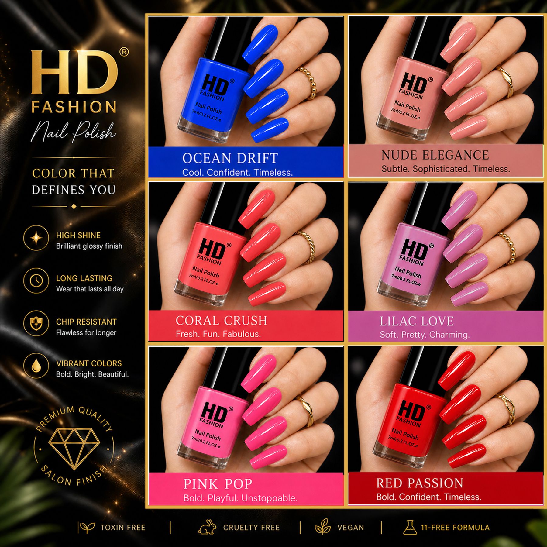 hd fashion Acrylic High Gloss 6-Piece Quick Dry Long Lasting Nail Polish Combo Set H56 Blue,Nude,Mauve,Peach,Magenta,Red-picture-42