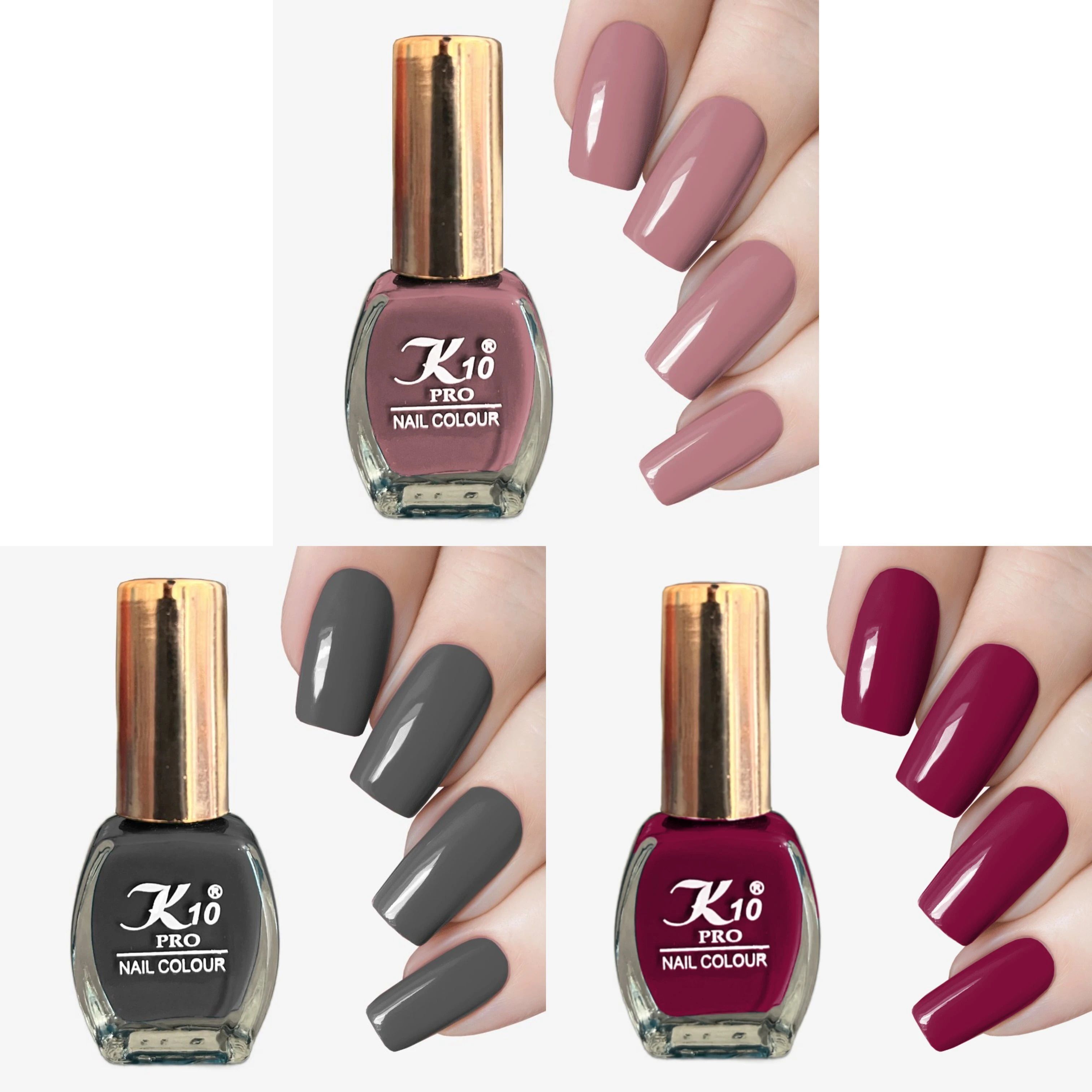 Nail Polish, Long Lasting, Quick Dry Combo Dusty Pink, Gray, Beet Red