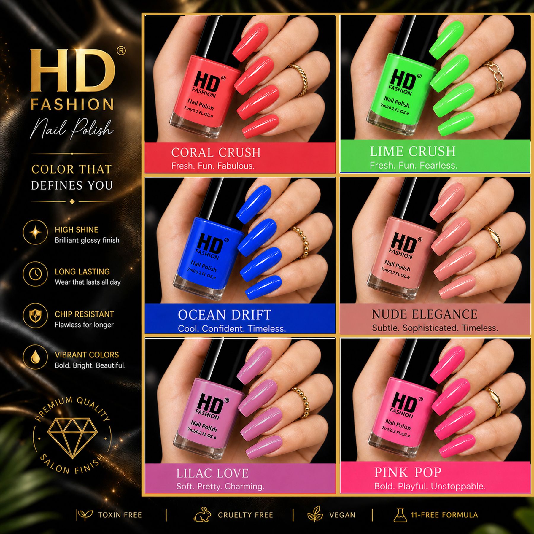 hd fashion Acrylic High Gloss 6-Piece Quick Dry Long Lasting Nail Polish Combo Set H28 Mauve,Green, Blue,Nude,Peach,Magenta-picture-22