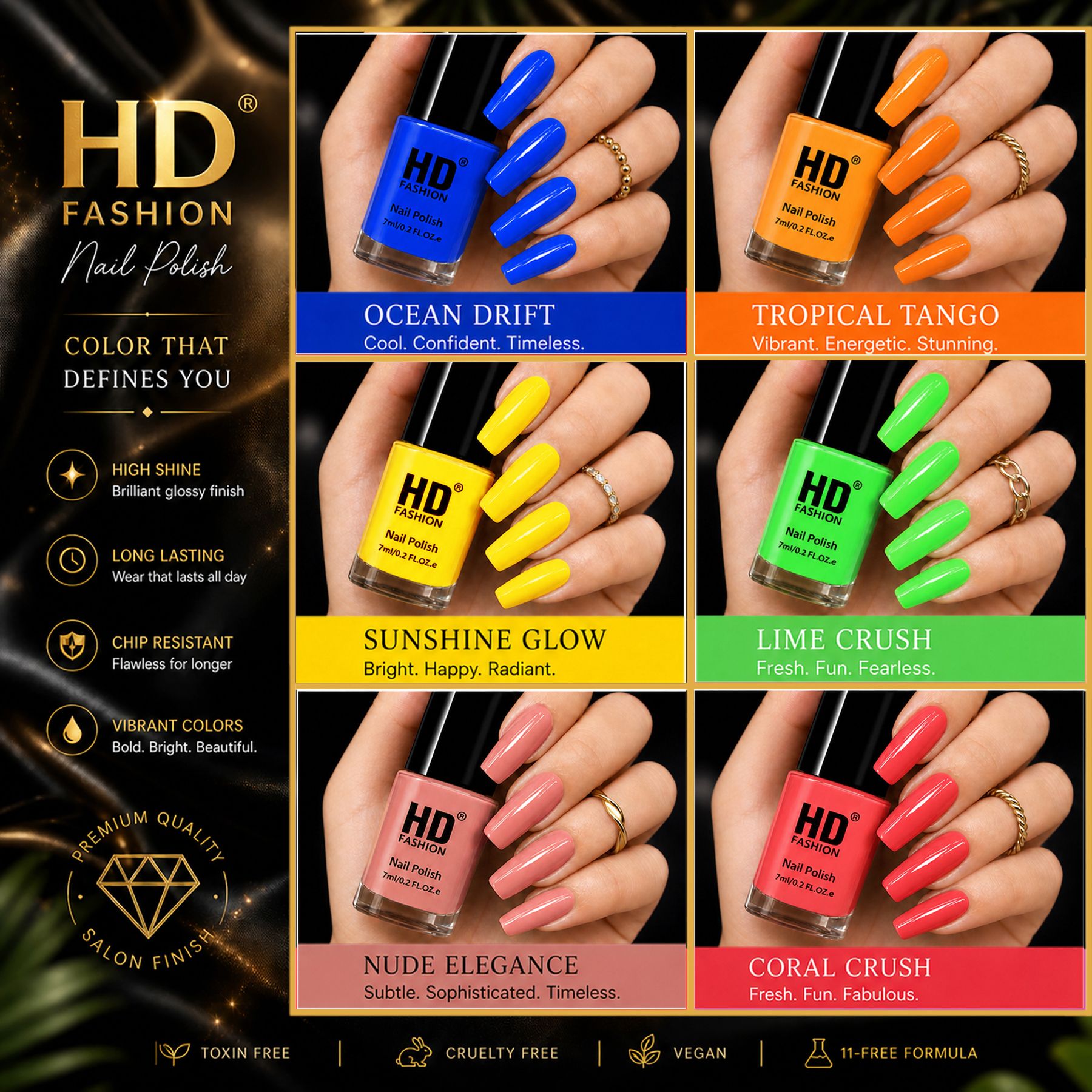 hd fashion Acrylic High Gloss 6-Piece Quick Dry Long Lasting Nail Polish Combo Set H62 Blue,Orange,Yellow,Green,Nude,Mauve-picture-23