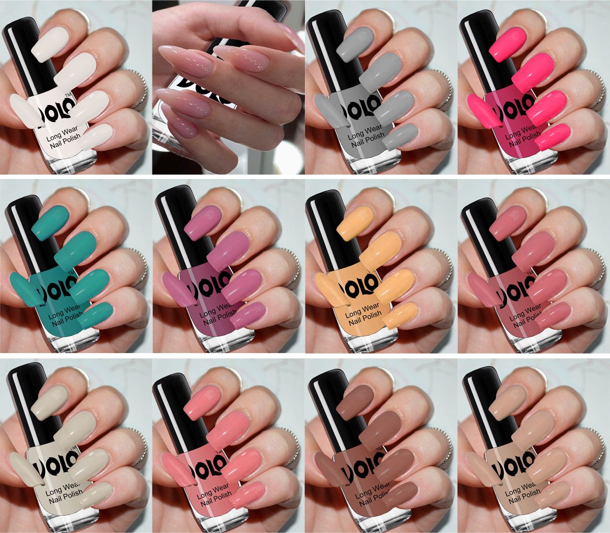 volo Color Rich Toxic Free Perfection Shine Nail Polish Set of 12 Matte White, Light Golden, Extra Shine Top Coat, Dark Nude, Nude-picture-12