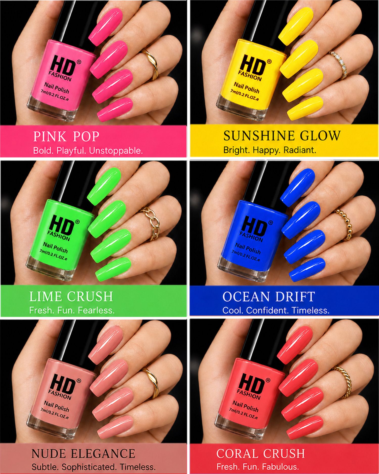 hd fashion Acrylic High Gloss 6-Piece Quick Dry Long Lasting Nail Polish Combo Set H176 Magenta,Yellow, Green, Blue,Nude,Mauve-picture-42