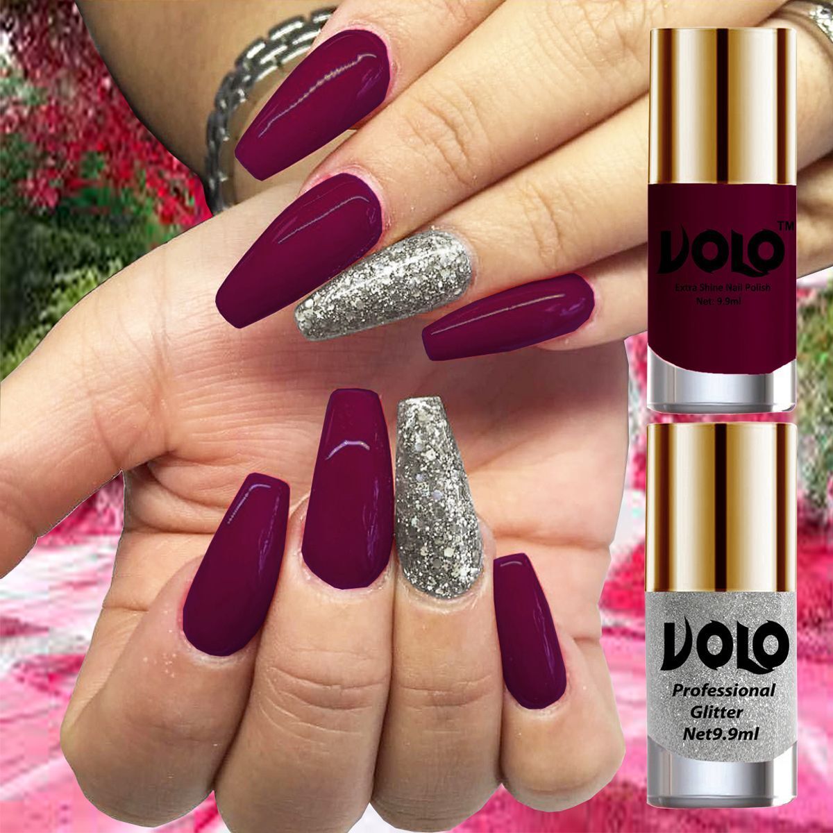 volo Gloss Shine Wine Nail Polish Glitter High Shine Silver Nail Paint Set of 2 Pcs Wine, Silver Glitter-picture-10