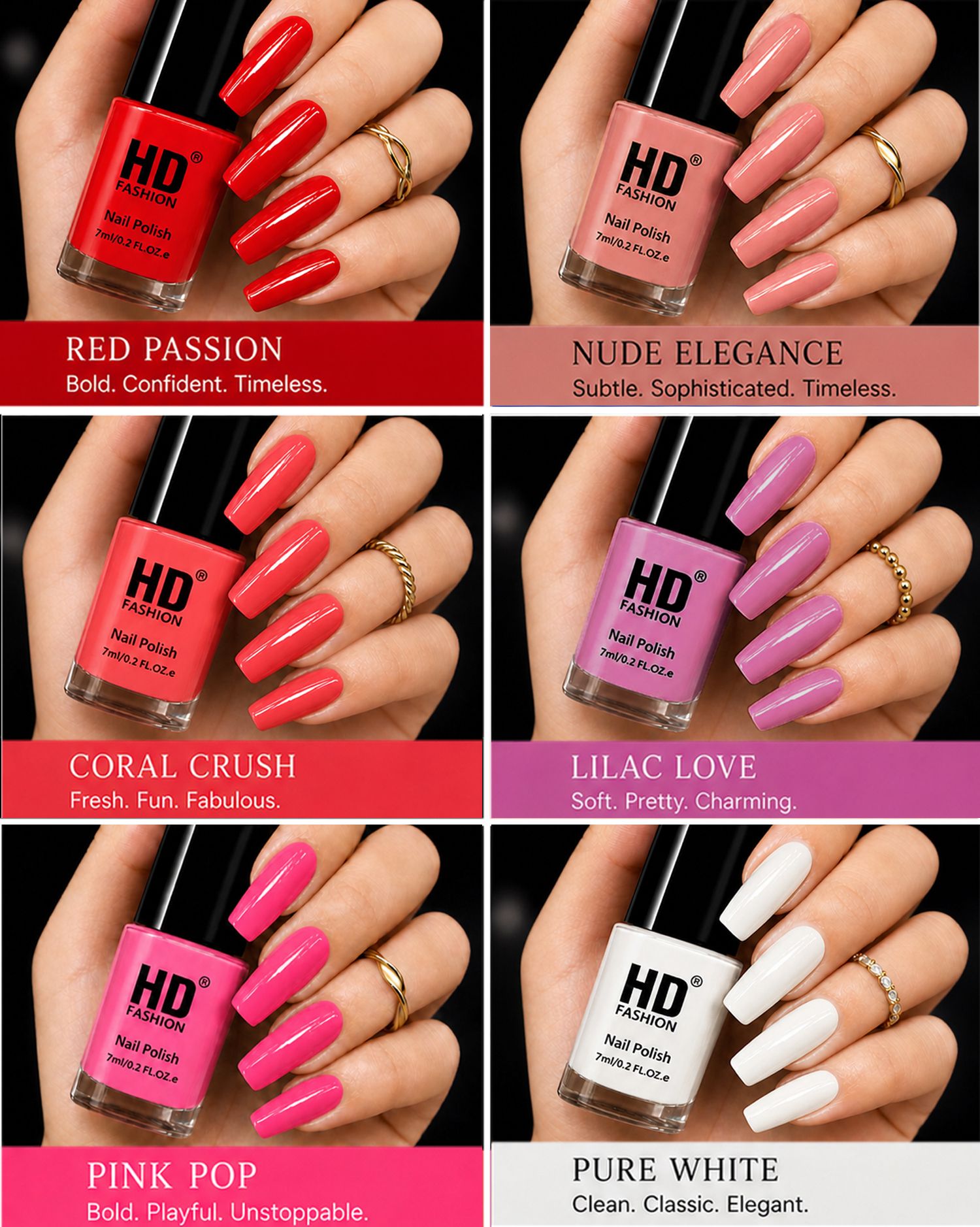 hd fashion Acrylic High Gloss 6-Piece Quick Dry Long Lasting Nail Polish Combo Set H221 Red,Nude,Mauve,Peach,Magenta,White-picture-15