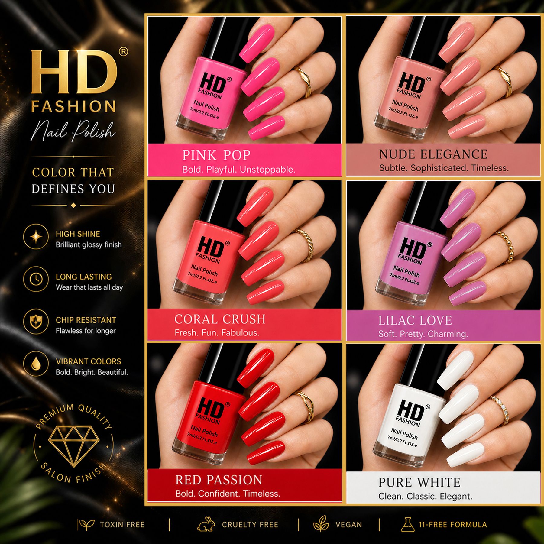 hd fashion Acrylic High Gloss 6-Piece Quick Dry Long Lasting Nail Polish Combo Set H35 Magenta,Nude,Mauve,Peach,Red,White-picture-36