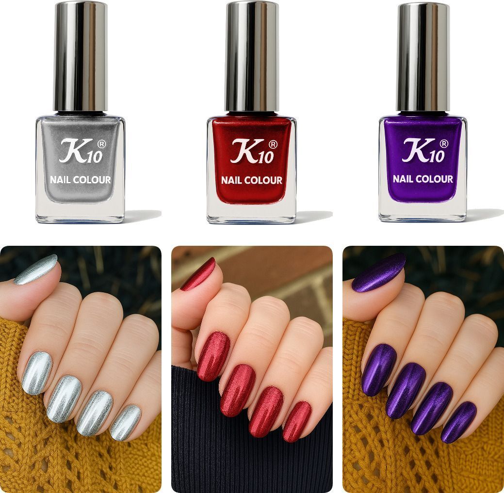Long Lasting Metallic Nail Polish Combo Red, Silver, Purple
