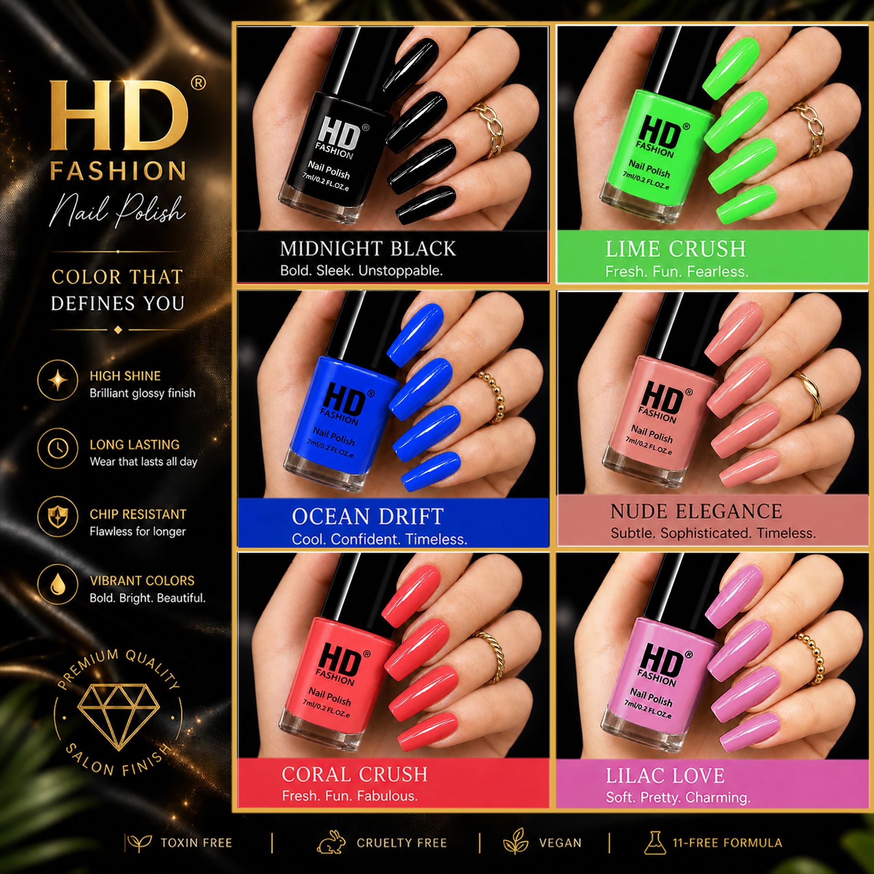 hd fashion Acrylic High Gloss 6-Piece Quick Dry Long Lasting Nail Polish Combo Set H50 Black,Green, Blue,Nude,Mauve,Peach-picture-21