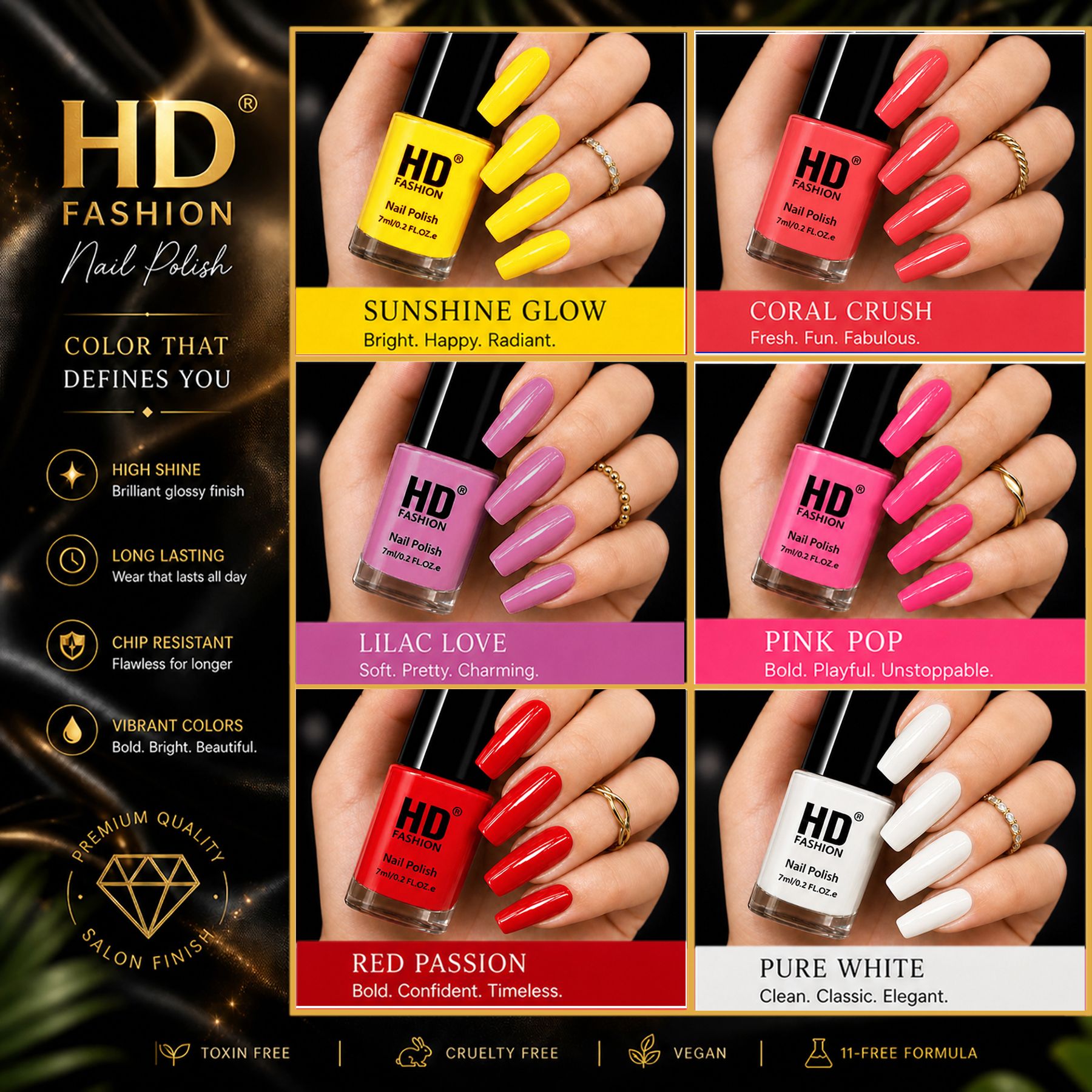 hd fashion Acrylic High Gloss 6-Piece Quick Dry Long Lasting Nail Polish Combo Set H124 Yellow,Mauve,Peach,Magenta,Red,White-picture-16