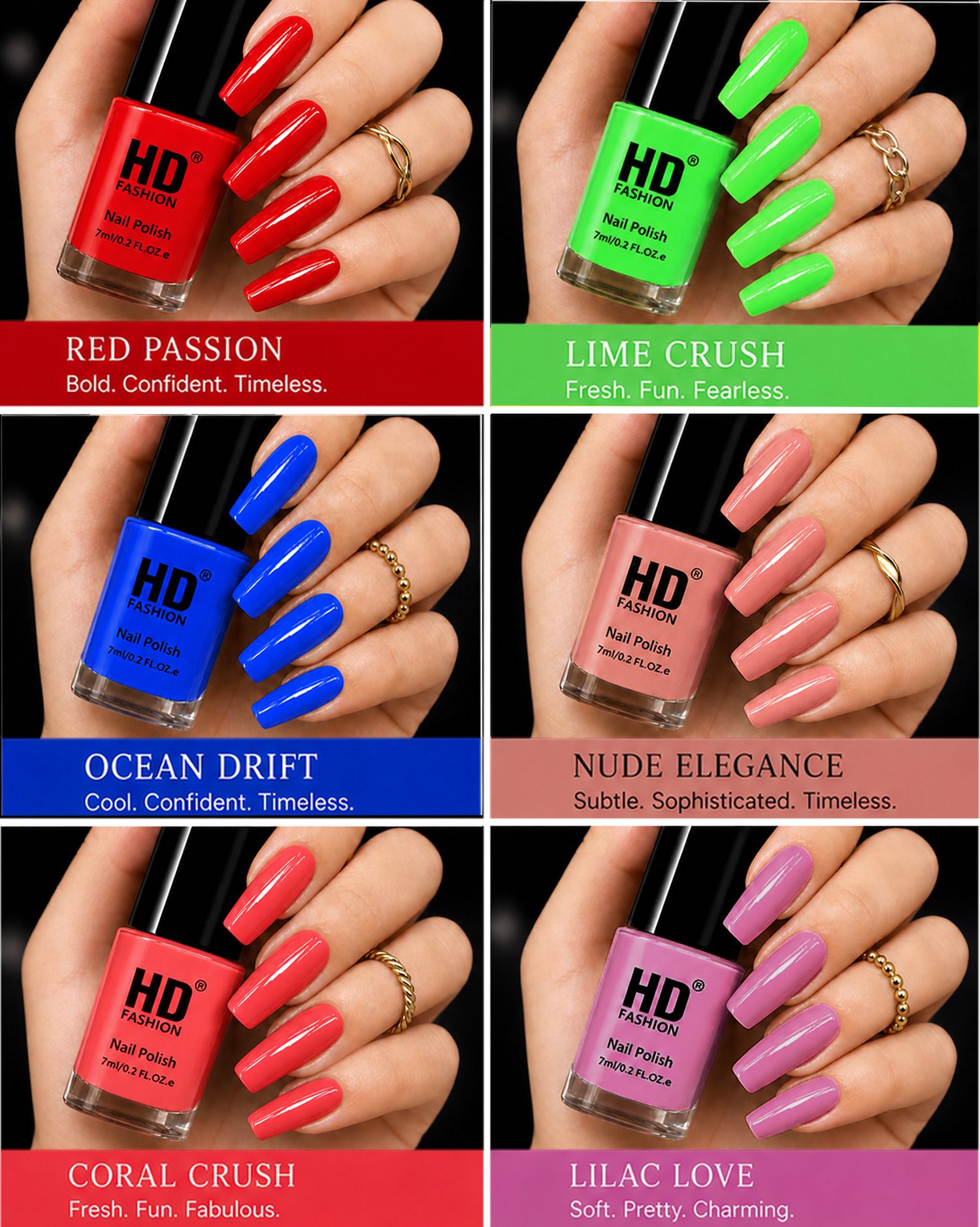 hd fashion Acrylic High Gloss 6-Piece Quick Dry Long Lasting Nail Polish Combo Set H228 Red,Green, Blue, Nude,Mauve,Peach-picture-23