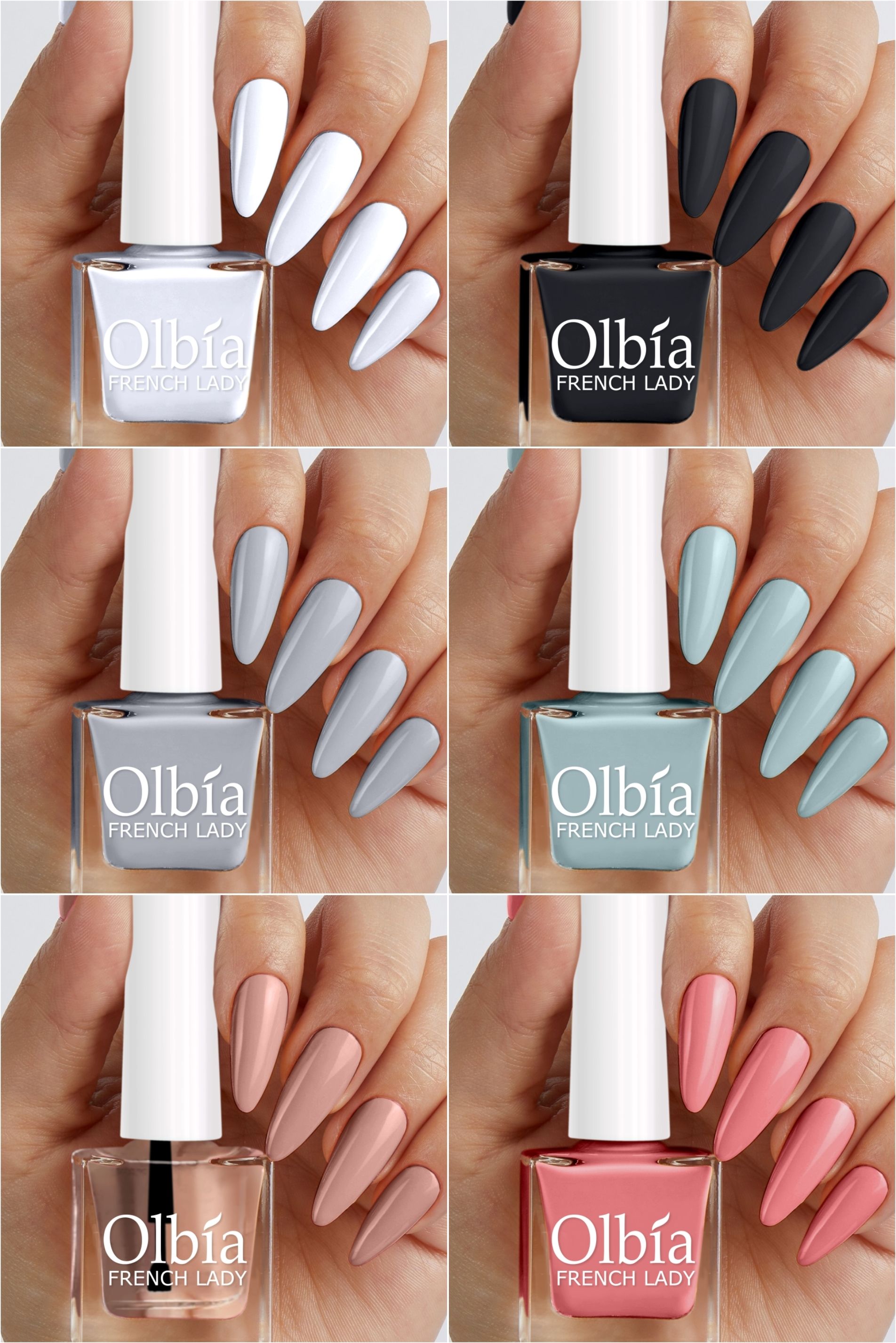 Nail Polish Combo | Long Wear, Quick Dry Nail Paint (Live In Colour) White, Black, Top Coat, Grey, Peach Pink, Light Grey-image-3