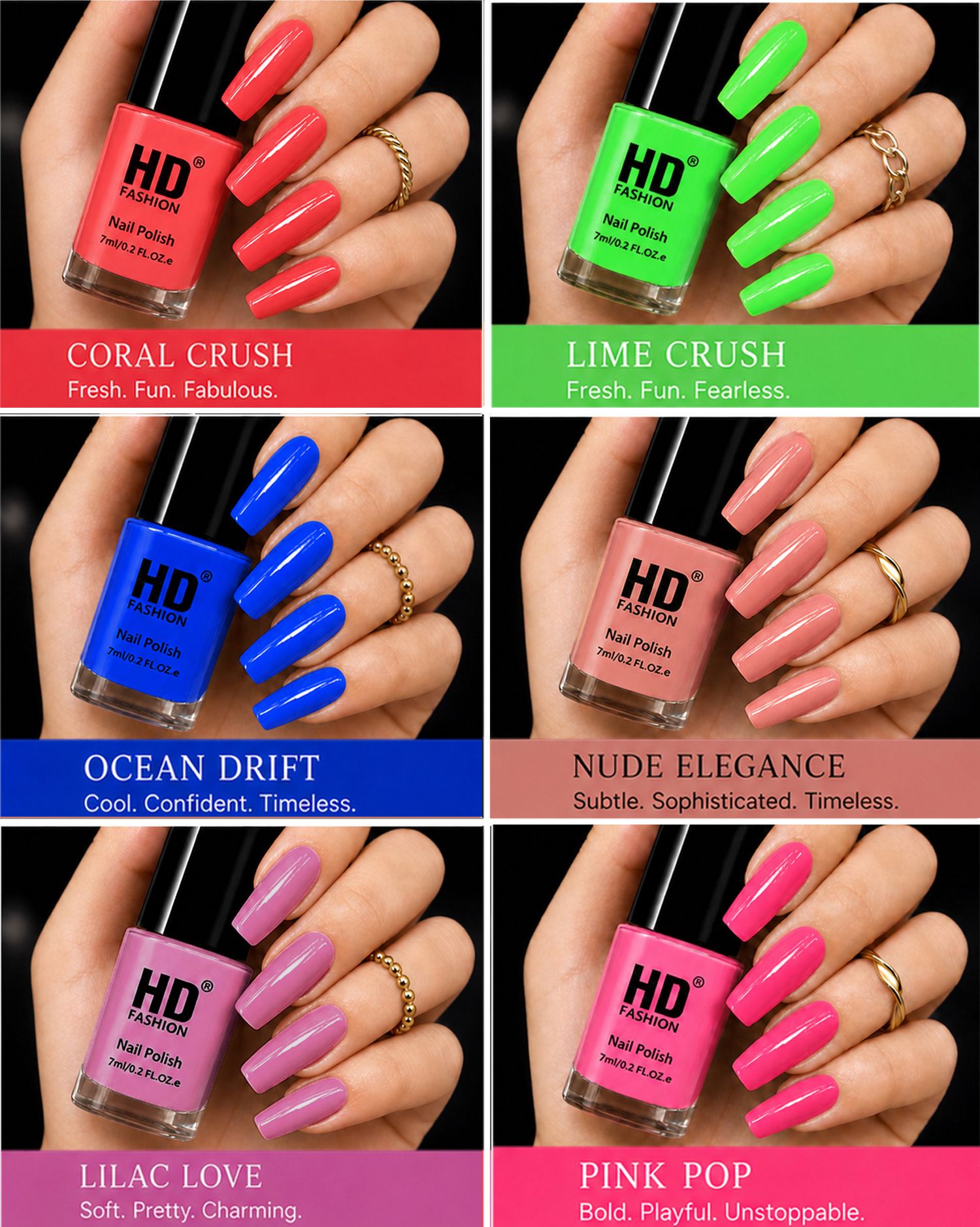 hd fashion Acrylic High Gloss 6-Piece Quick Dry Long Lasting Nail Polish Combo Set H160 Mauve,Green, Blue,Nude,Peach,Magenta-picture-11