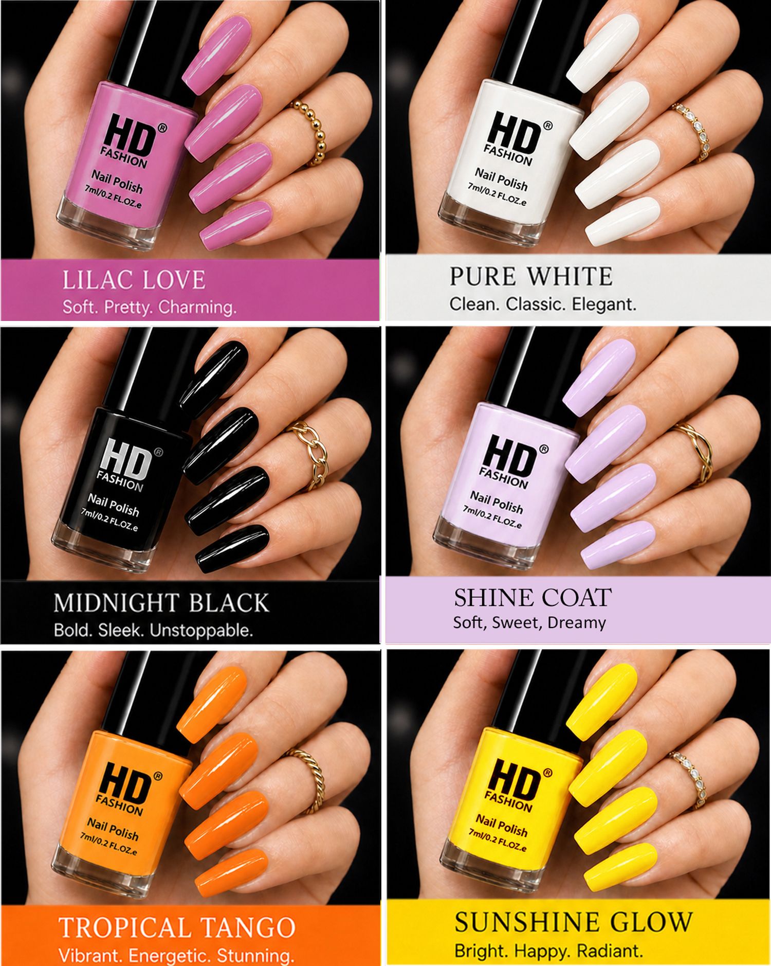 hd fashion Acrylic High Gloss 6-Piece Quick Dry Long Lasting Nail Polish Combo Set H153 Peach, White, Black, Top Coat, Yellow-picture-22