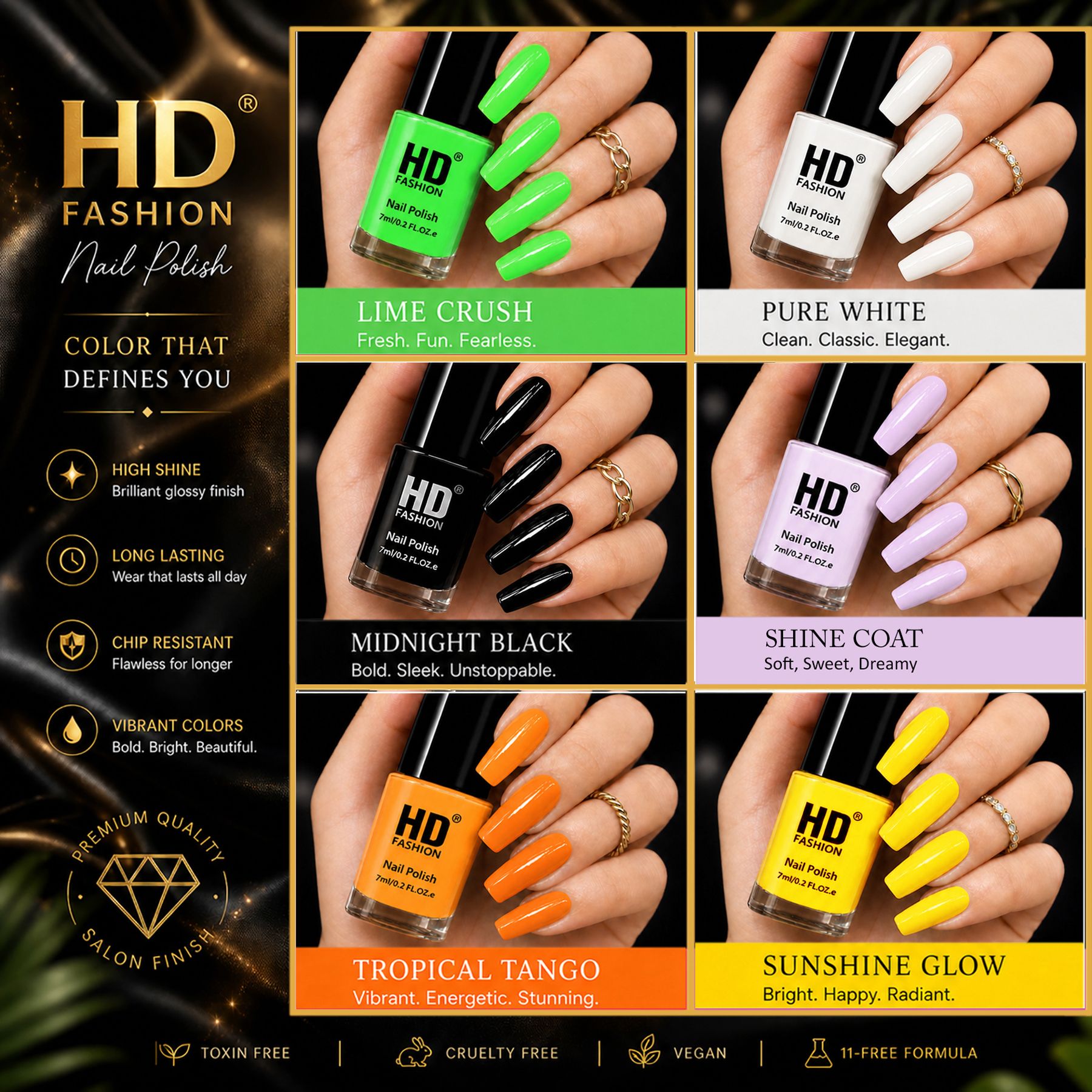 hd fashion Acrylic High Gloss 6-Piece Quick Dry Long Lasting Nail Polish Combo Set H76 Green, White,Top Coat,Orange,Yellow-picture-40