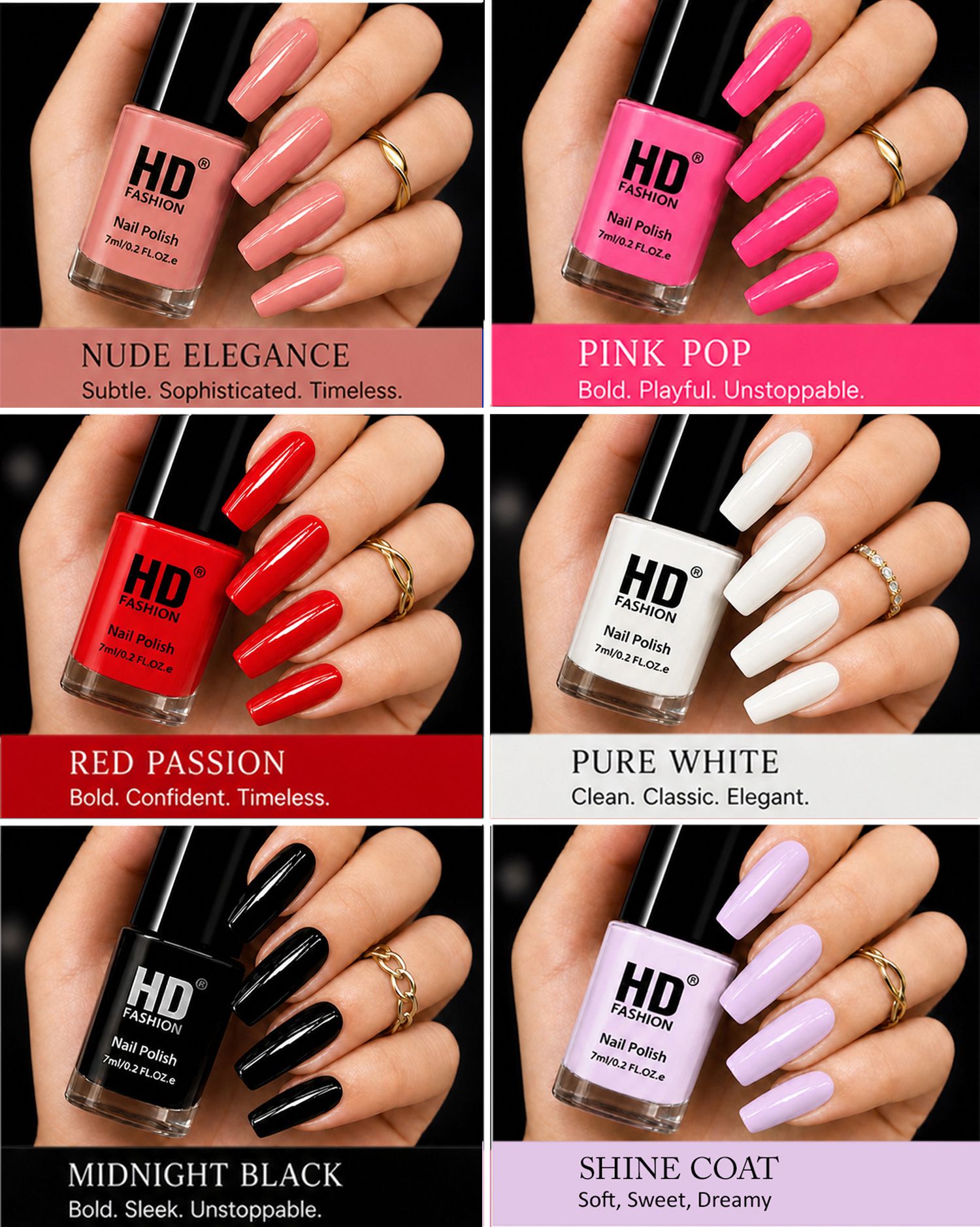 hd fashion Acrylic High Gloss 6-Piece Quick Dry Long Lasting Nail Polish Combo Set H135 Nude,Magenta,Red,White,Black,Top Coat-picture-41