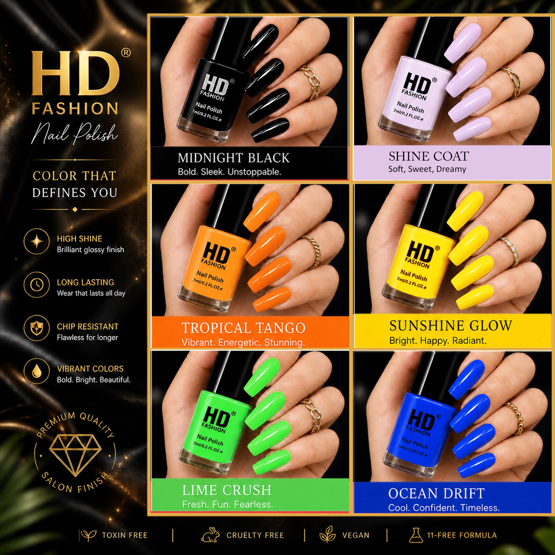 hd fashion Acrylic High Gloss 6-Piece Quick Dry Long Lasting Nail Polish Combo Set H52 Black,Top Coat,Orange,Yellow, Green, Blue-picture-44