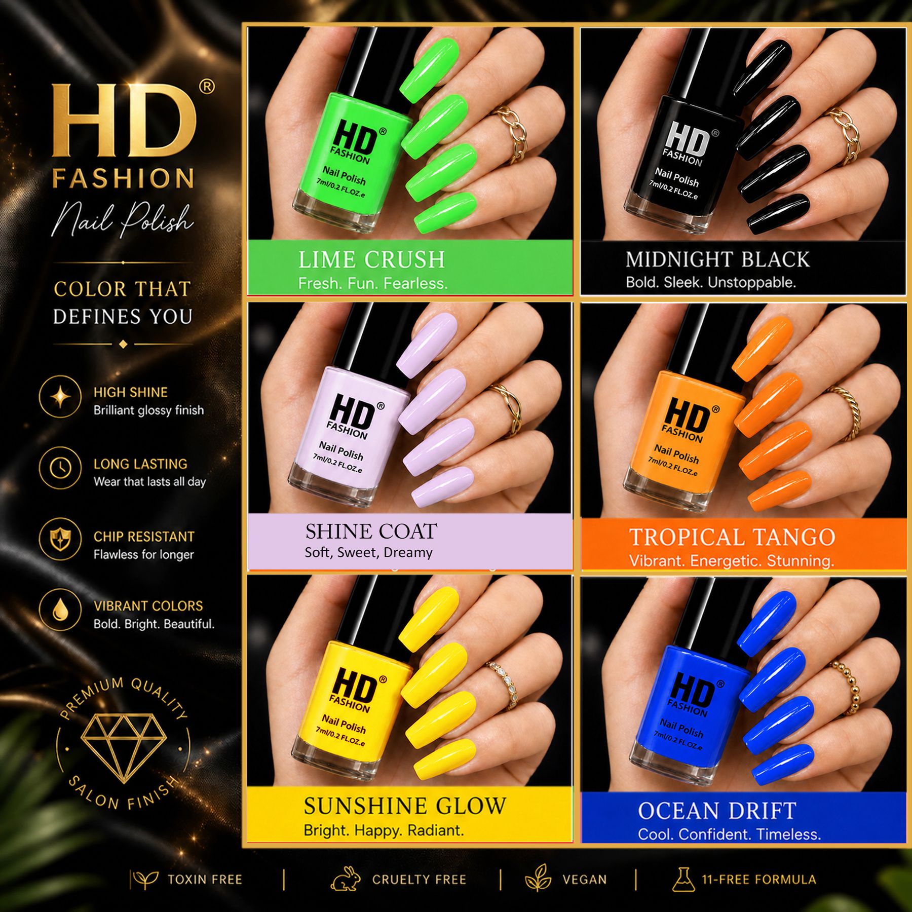 hd fashion Acrylic High Gloss 6-Piece Quick Dry Long Lasting Nail Polish Combo Set H71 Green, Black,Top Coat,Orange,Yellow, Green-picture-40