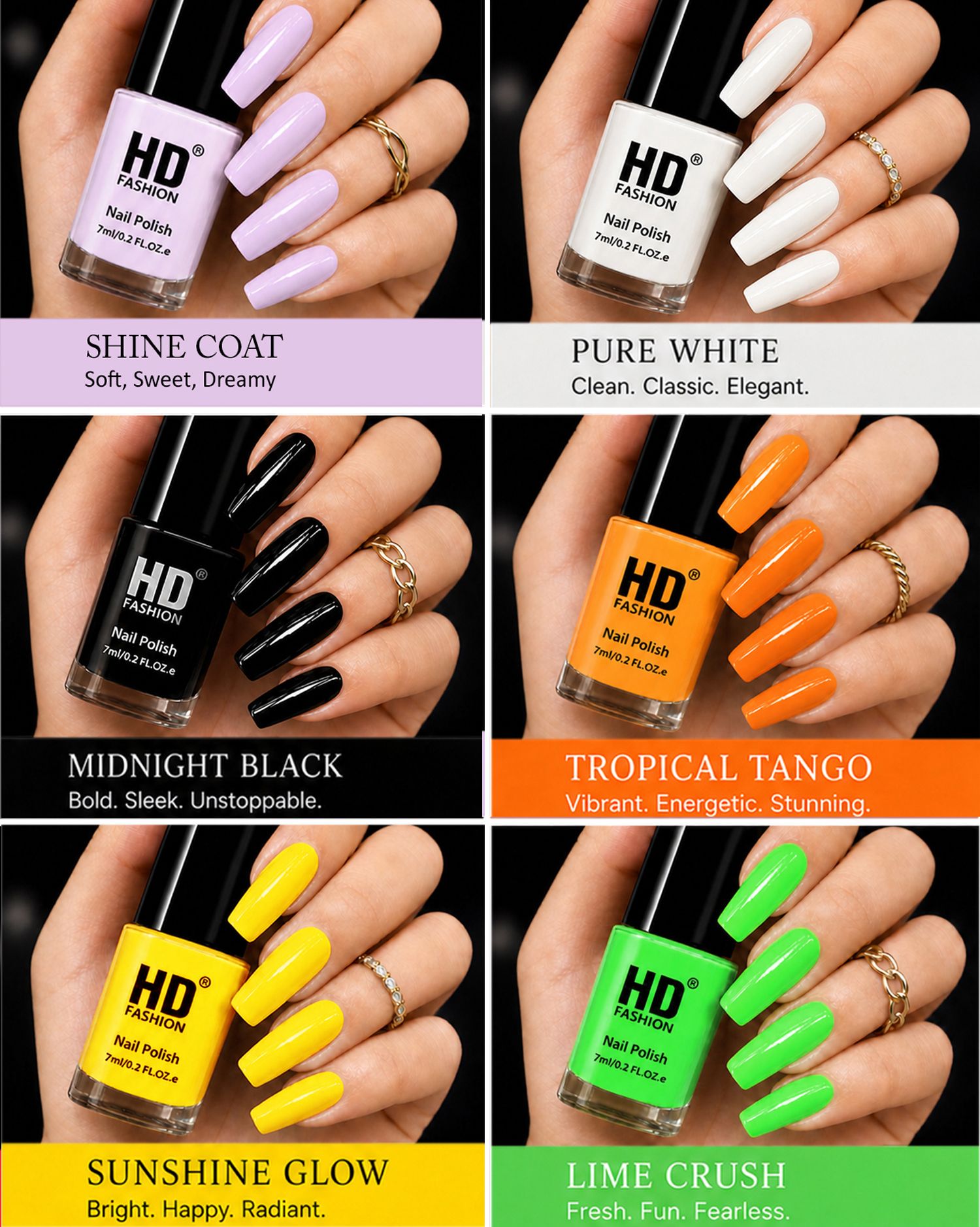 hd fashion Acrylic High Gloss 6-Piece Quick Dry Long Lasting Nail Polish Combo Set H241 Top Coat, White,Black,Orange,Yellow,Green-picture-25