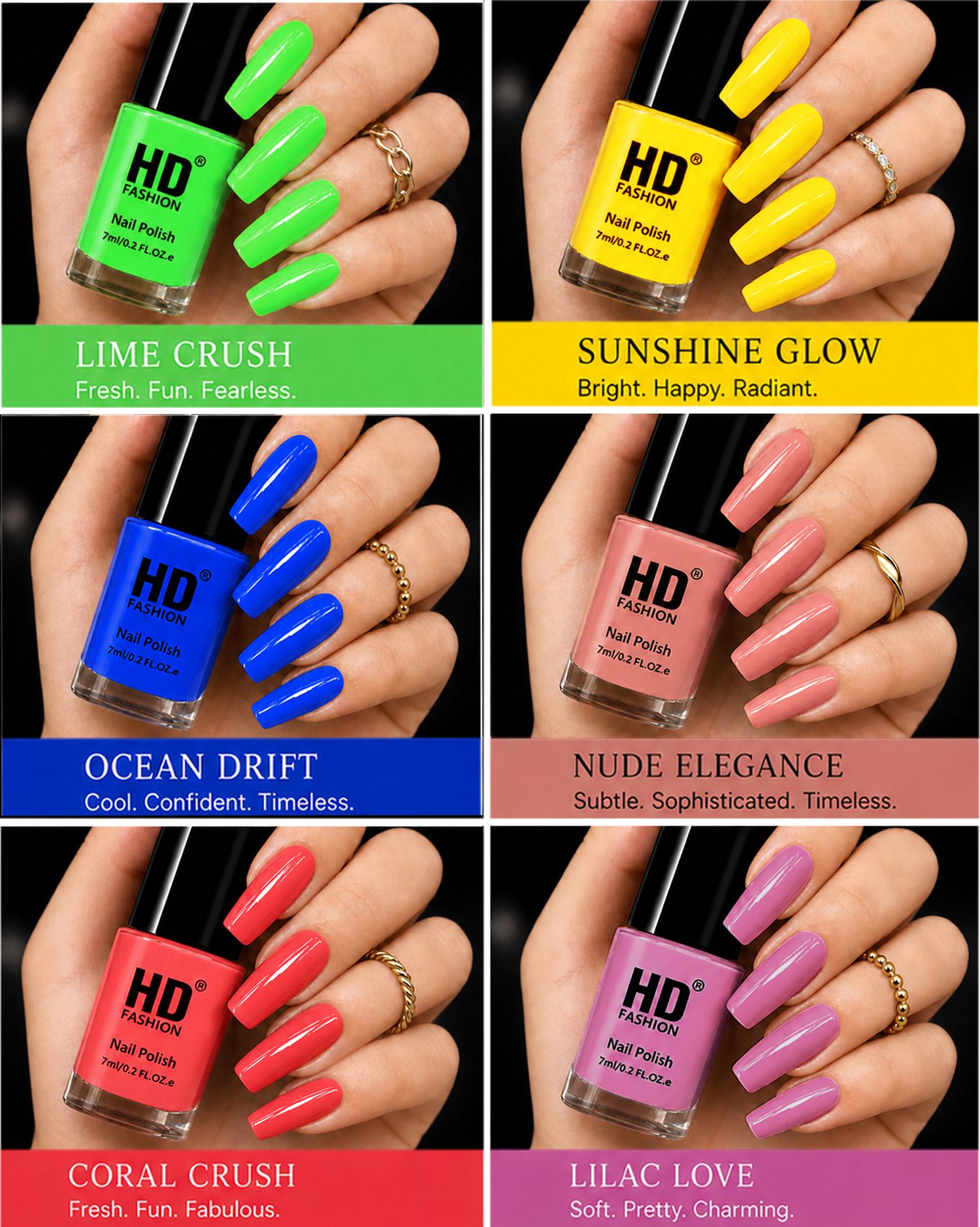 hd fashion Acrylic High Gloss 6-Piece Quick Dry Long Lasting Nail Polish Combo Set H209 Green,Yellow, Blue,Nude,Mauve,Peach-picture-38