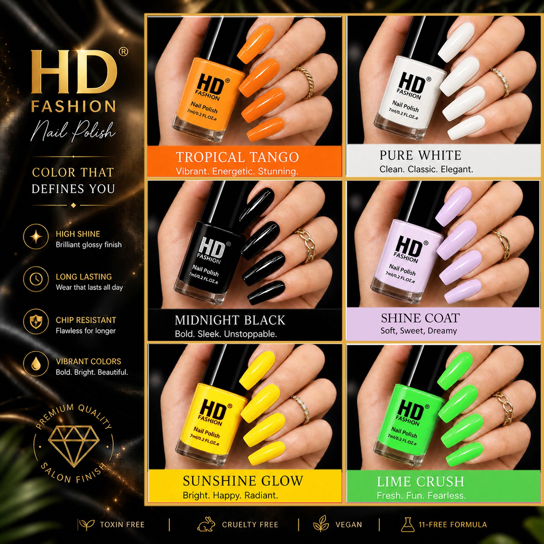 hd fashion Acrylic High Gloss 6-Piece Quick Dry Long Lasting Nail Polish Combo Set H87 Orange, White,Black,Top Coat,Yellow,Green-picture-17