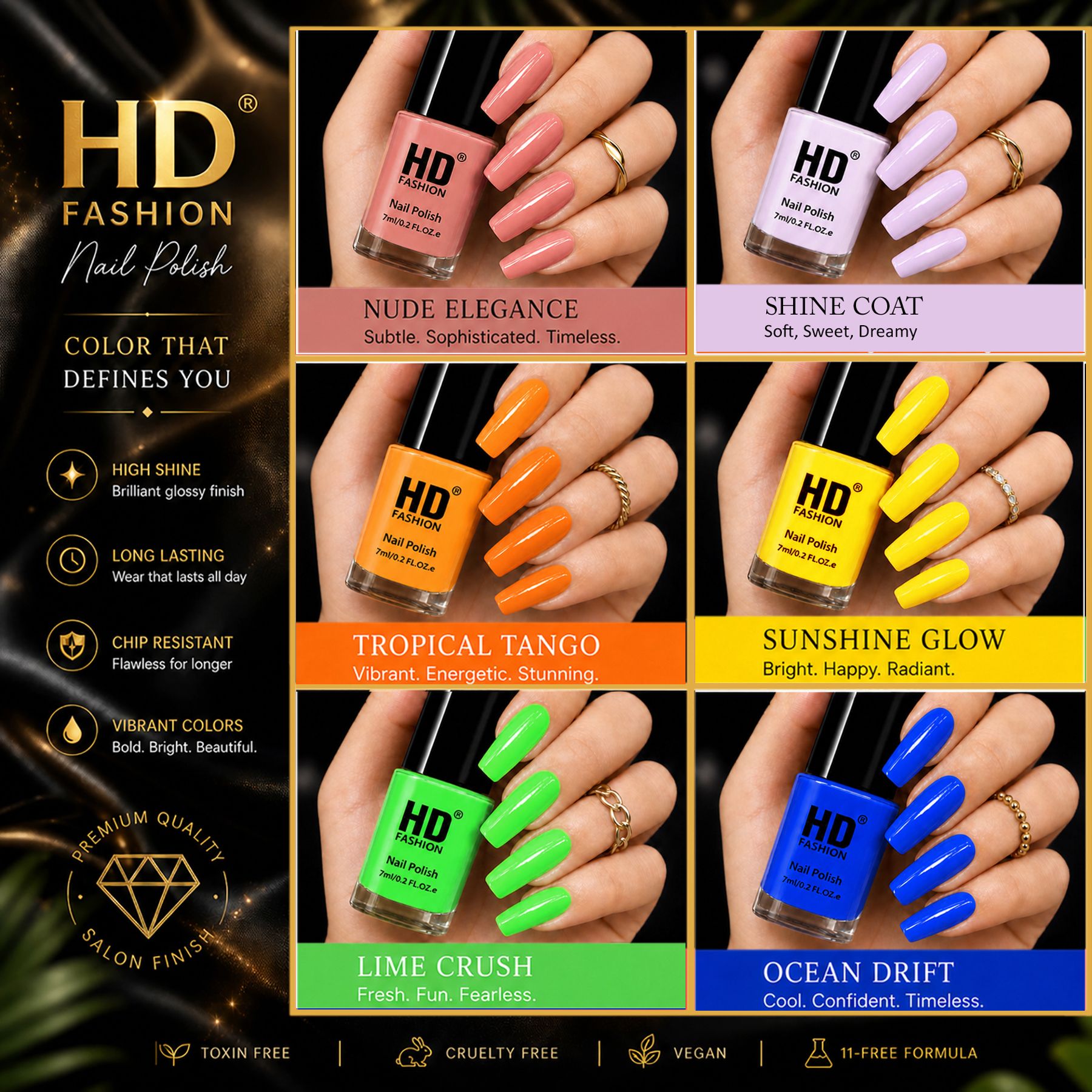 hd fashion Acrylic High Gloss 6-Piece Quick Dry Long Lasting Nail Polish Combo Set H08 Nude,Top Coat,Orange,Yellow, Green, Blue-picture-36