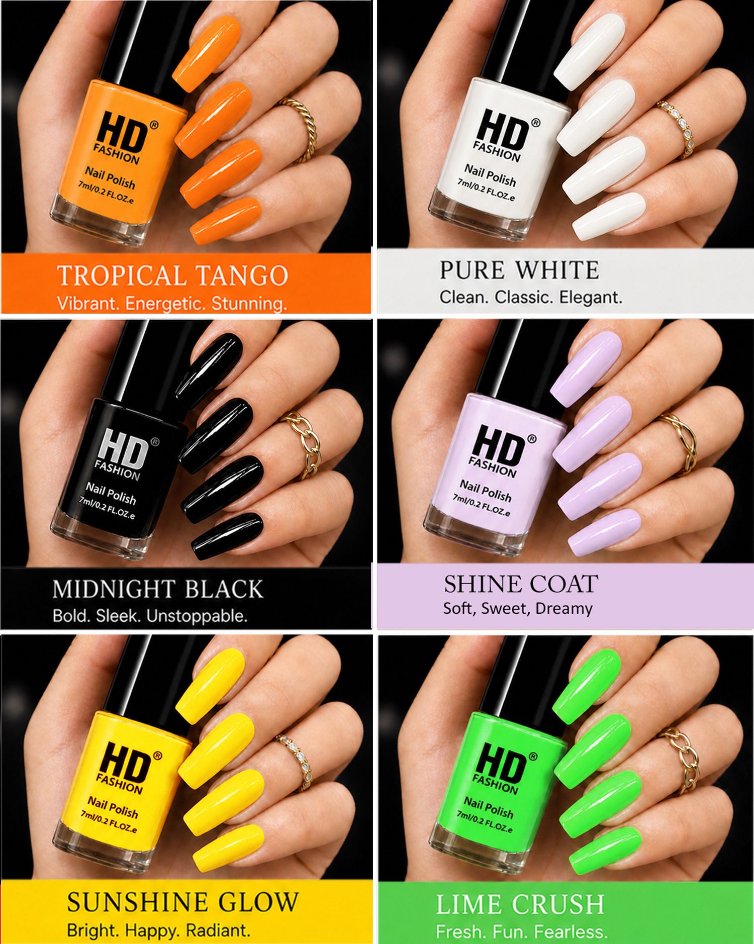 hd fashion Acrylic High Gloss 6-Piece Quick Dry Long Lasting Nail Polish Combo Set H219 Orange, White,Black,Top Coat,Yellow,Green-picture-29