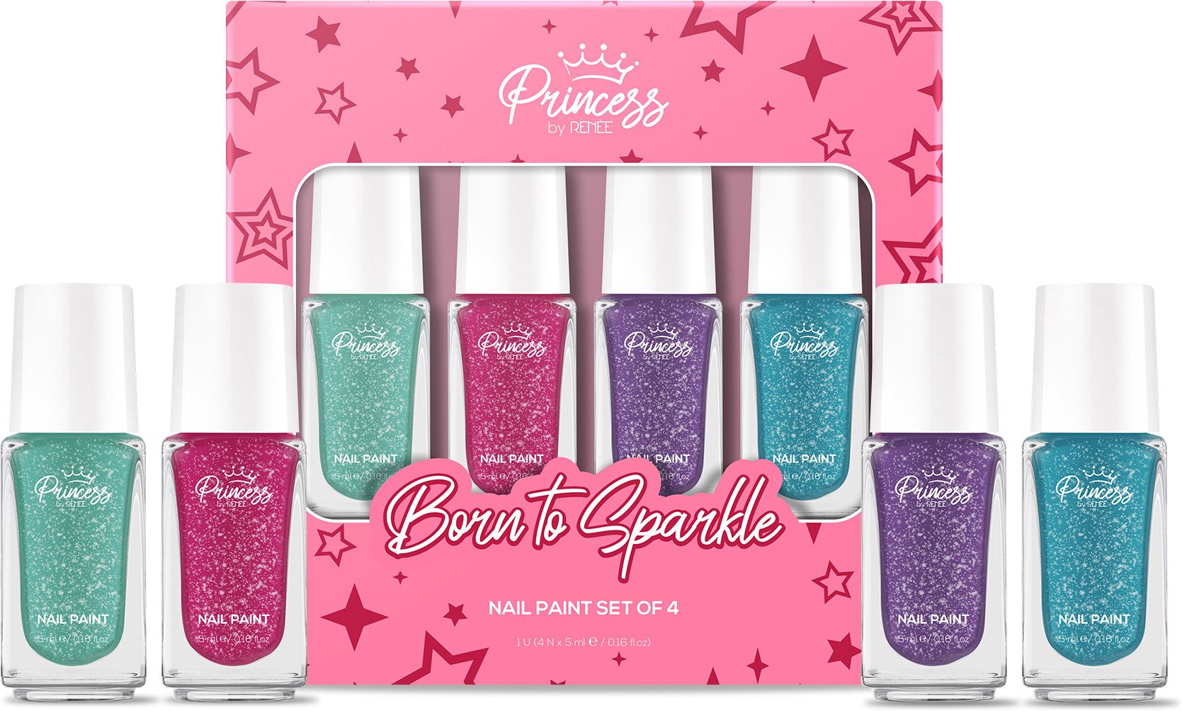Princess Born To Sparkle Nail Paint Set Of 4 For Preteens, Glossy & Glittery Blue Charm, Bubble Pink, Minty Wishes, Purple Berry-image-16