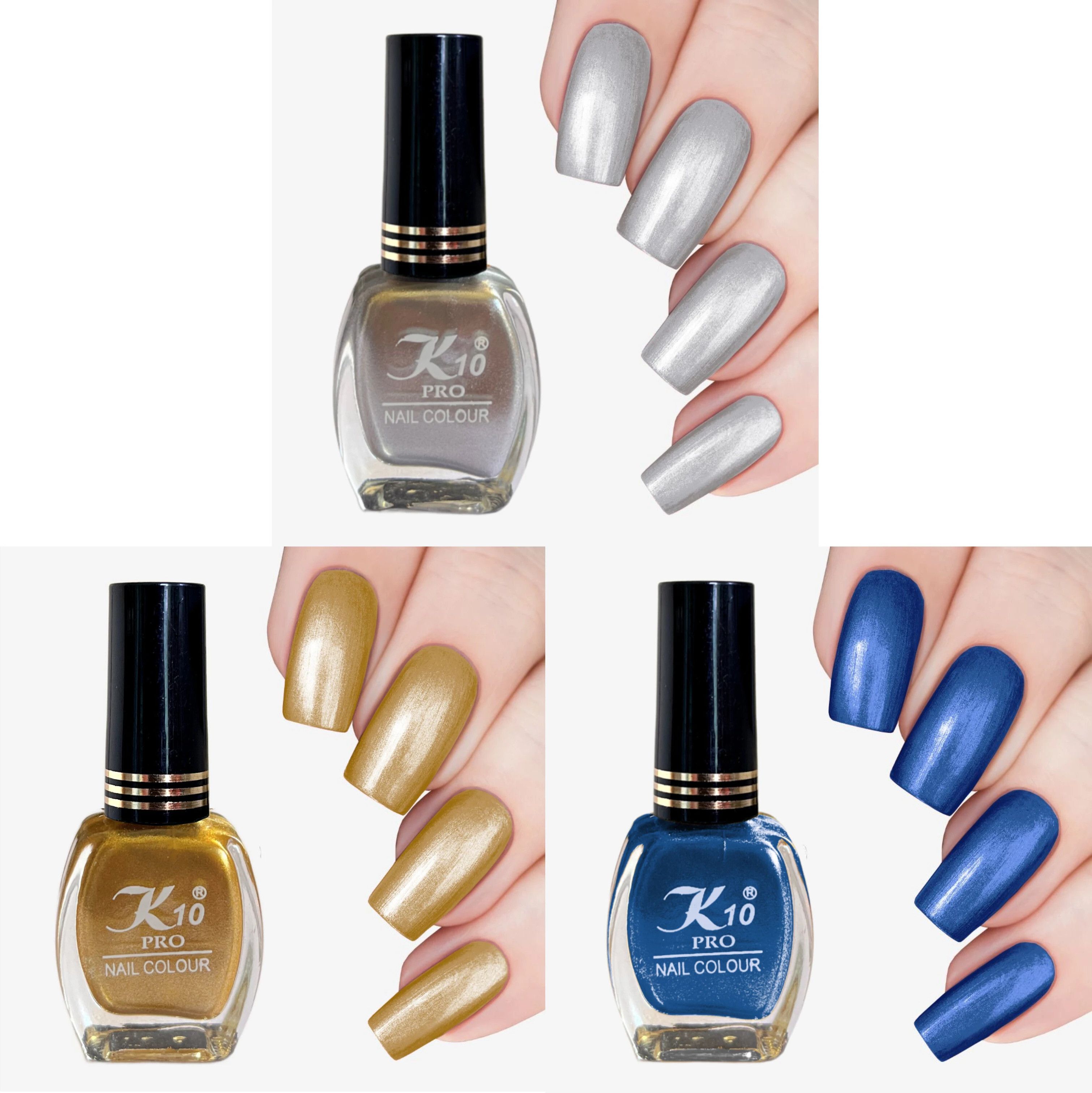 k10 High Shine Long Lasting Non Toxic Professional Nail Polish Combo Blue, Silver, Golden-picture-28