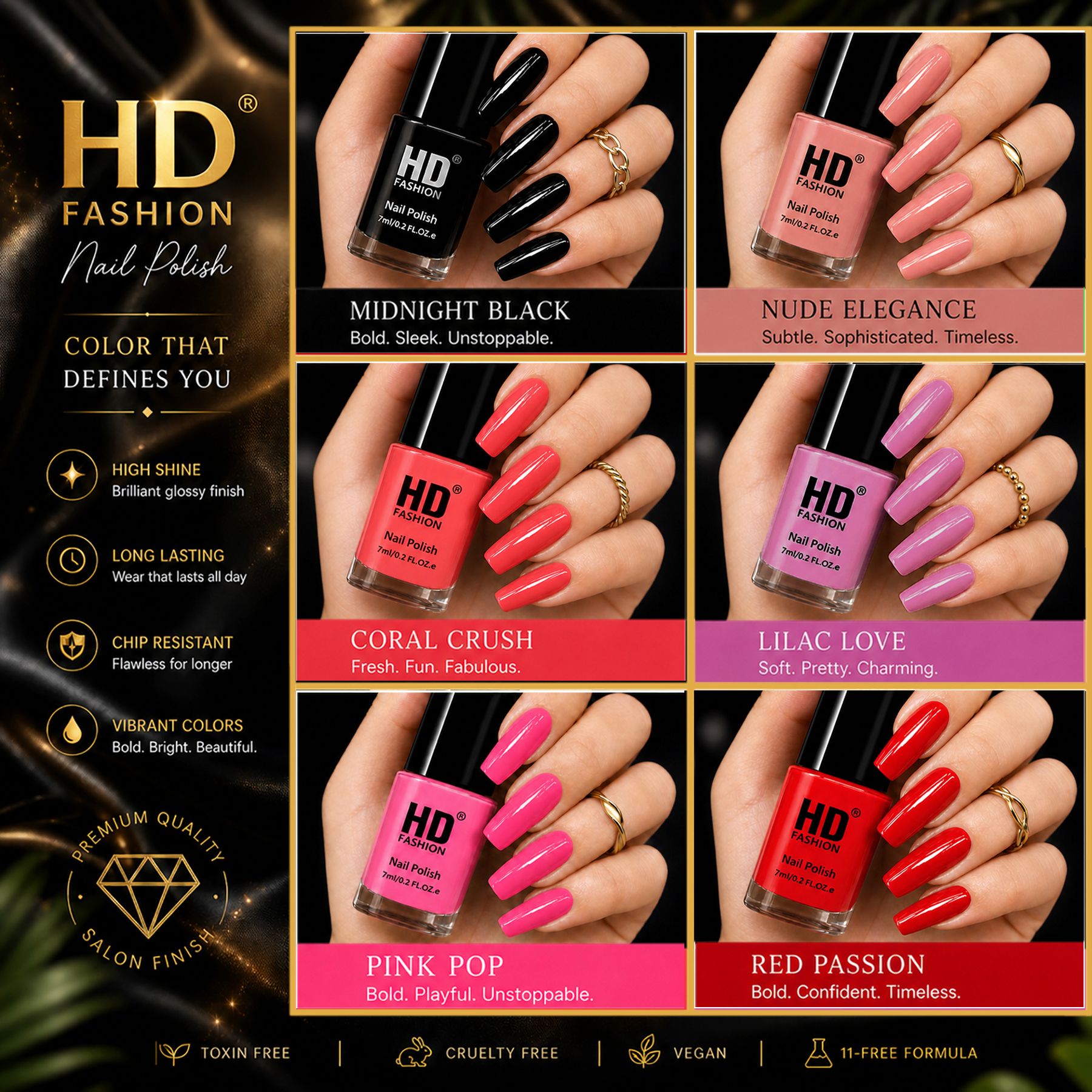 hd fashion Acrylic High Gloss 6-Piece Quick Dry Long Lasting Nail Polish Combo Set H45 Black,Nude,Mauve,Peach,Magenta,Red-picture-31