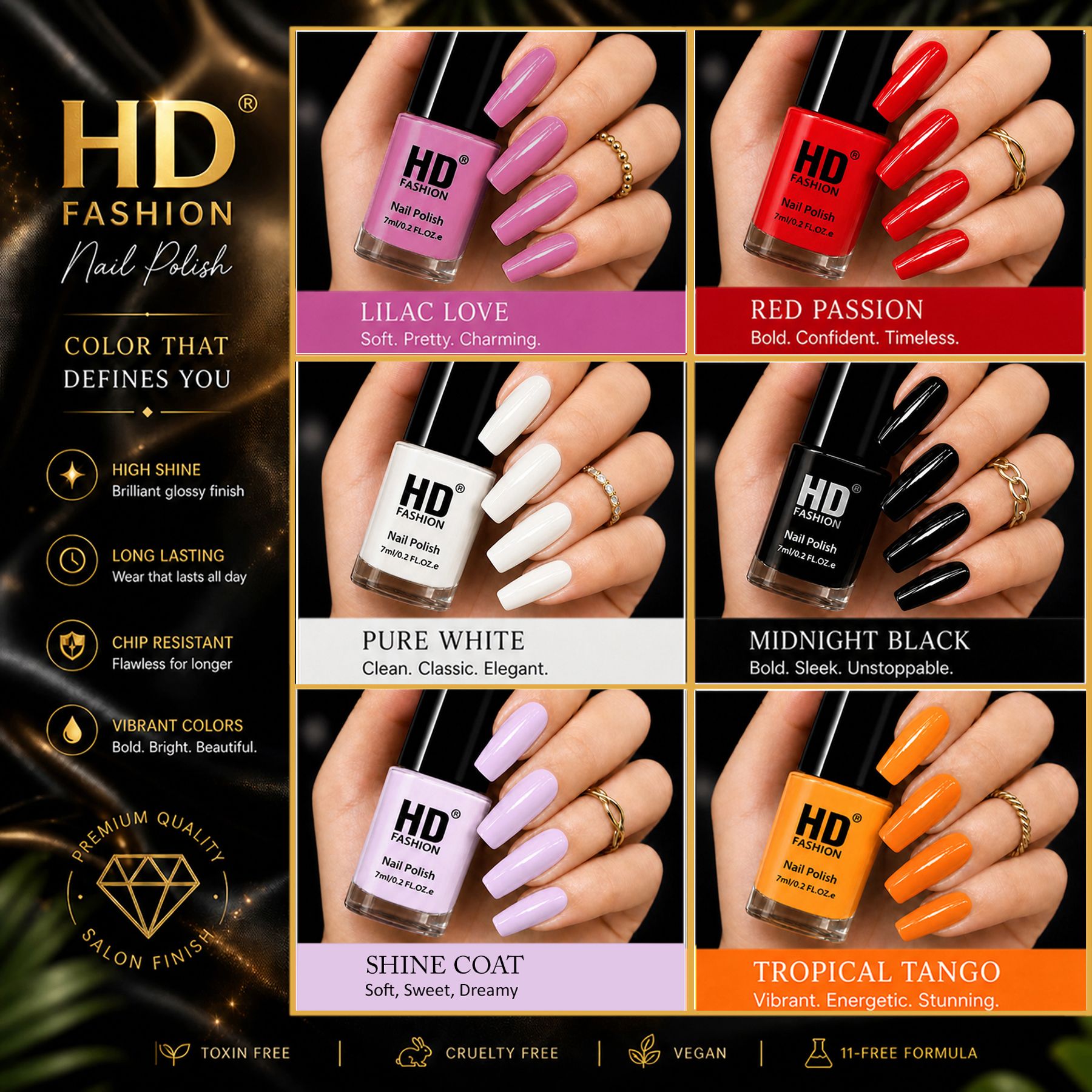 Acrylic High Gloss 6-Piece Quick Dry Long Lasting Nail Polish Combo Set H20 Peach,Red,White,Black,Top Coat,Orange-image-14